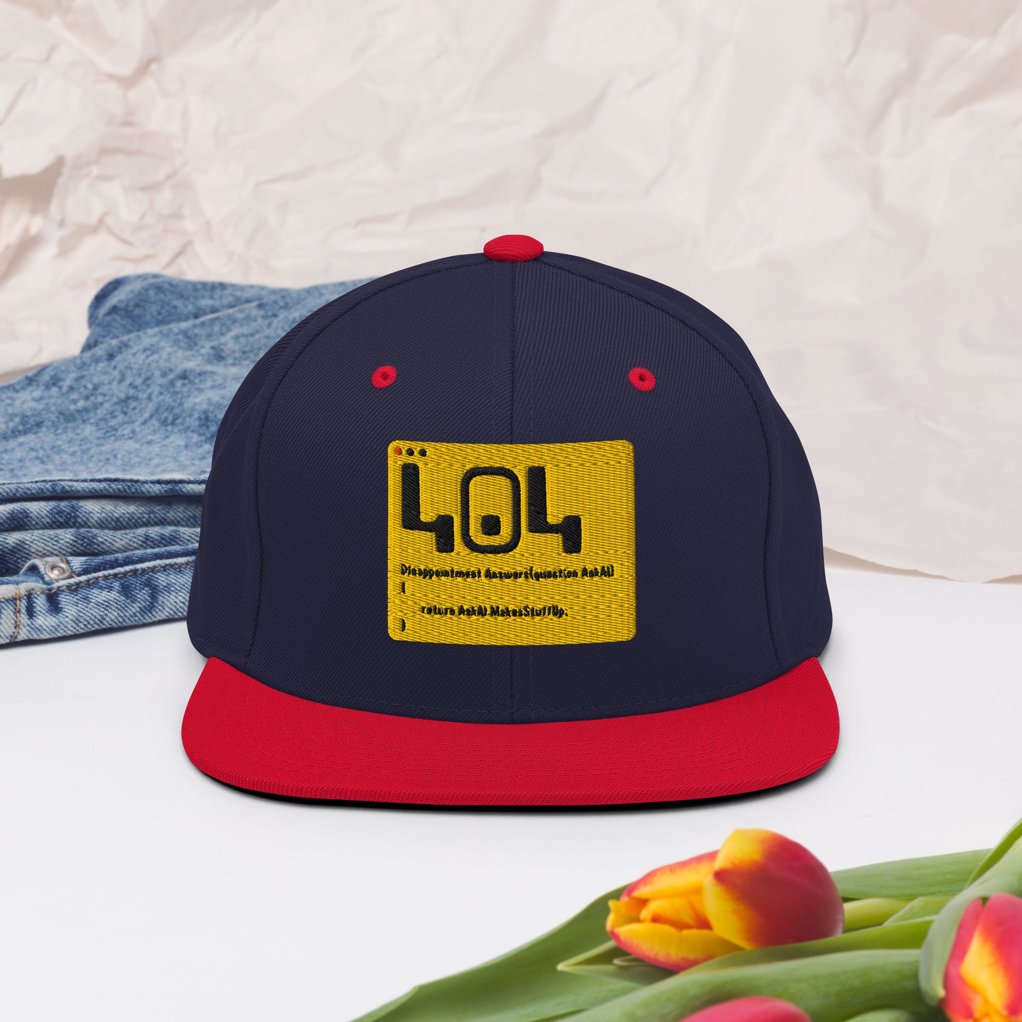404 Disappointment Hat, Error Code Snapback, Developer Humor Headwear with yellow 404 error patch on black and red cap
