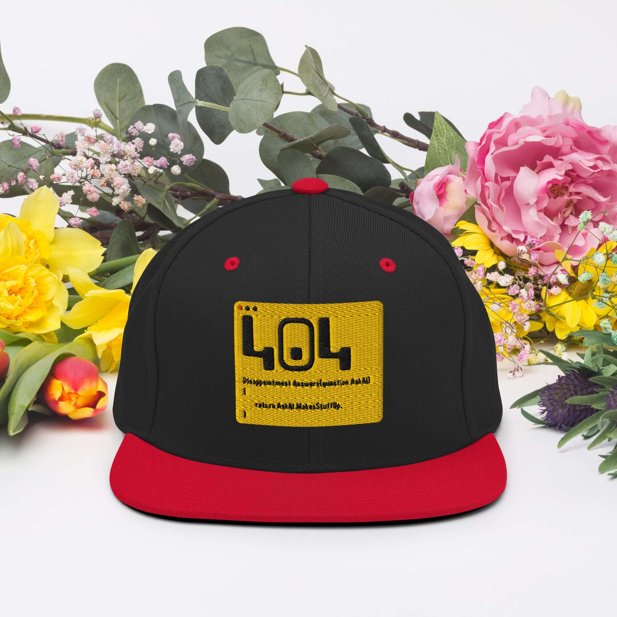 404 Disappointment Hat with error code design, perfect error message snapback for developers; surrounded by colorful flowers.
