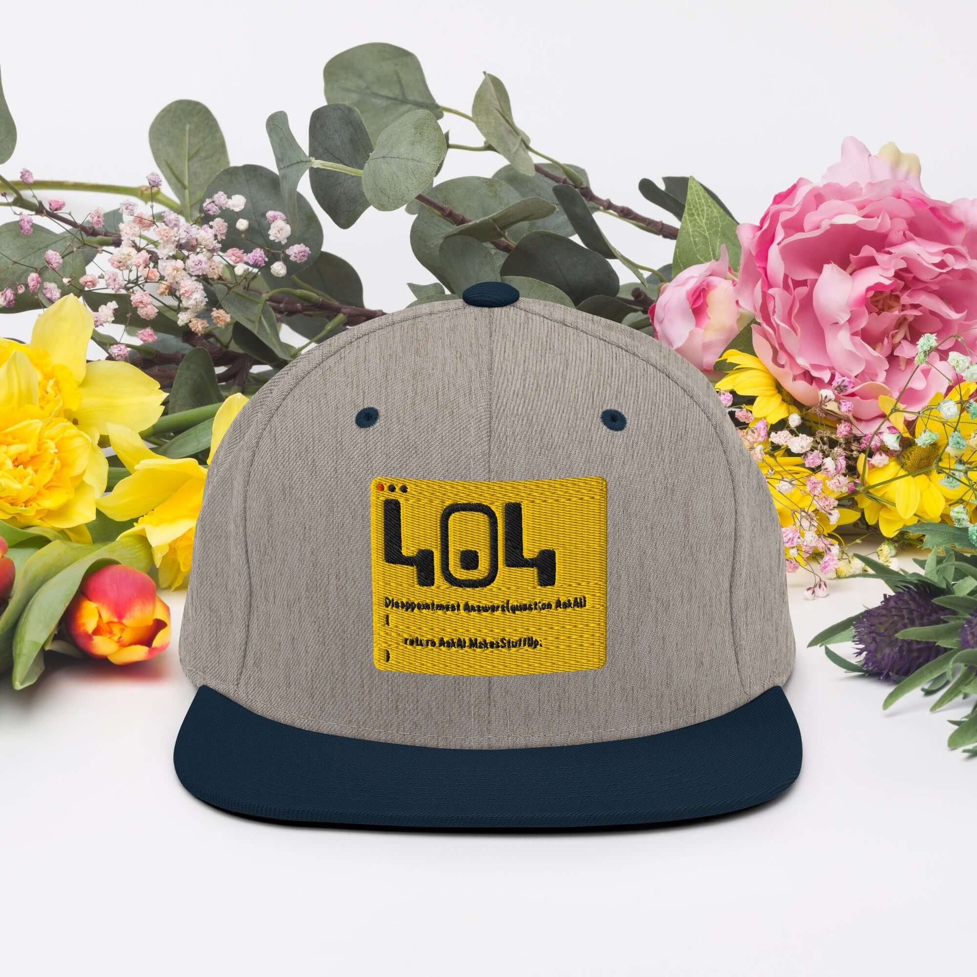 404 Disappointment Hat with error code design, snapback for developers, surrounded by colorful flowers.