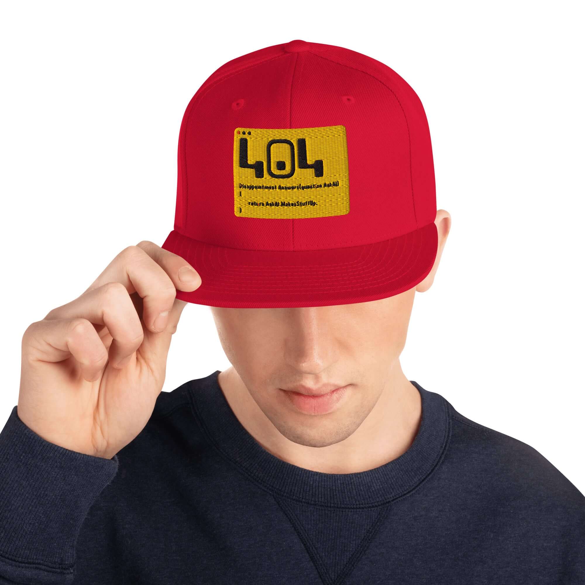 Man wearing red 404 Error Code snapback hat, showcasing developer humor headwear for tech enthusiasts.