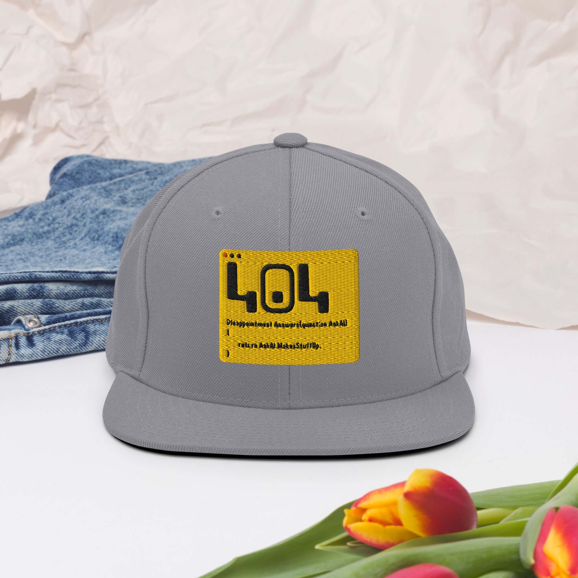 Gray 404 Disappointment Hat with error code, snapback style, perfect for developers and tech humor fans. Shop now!
