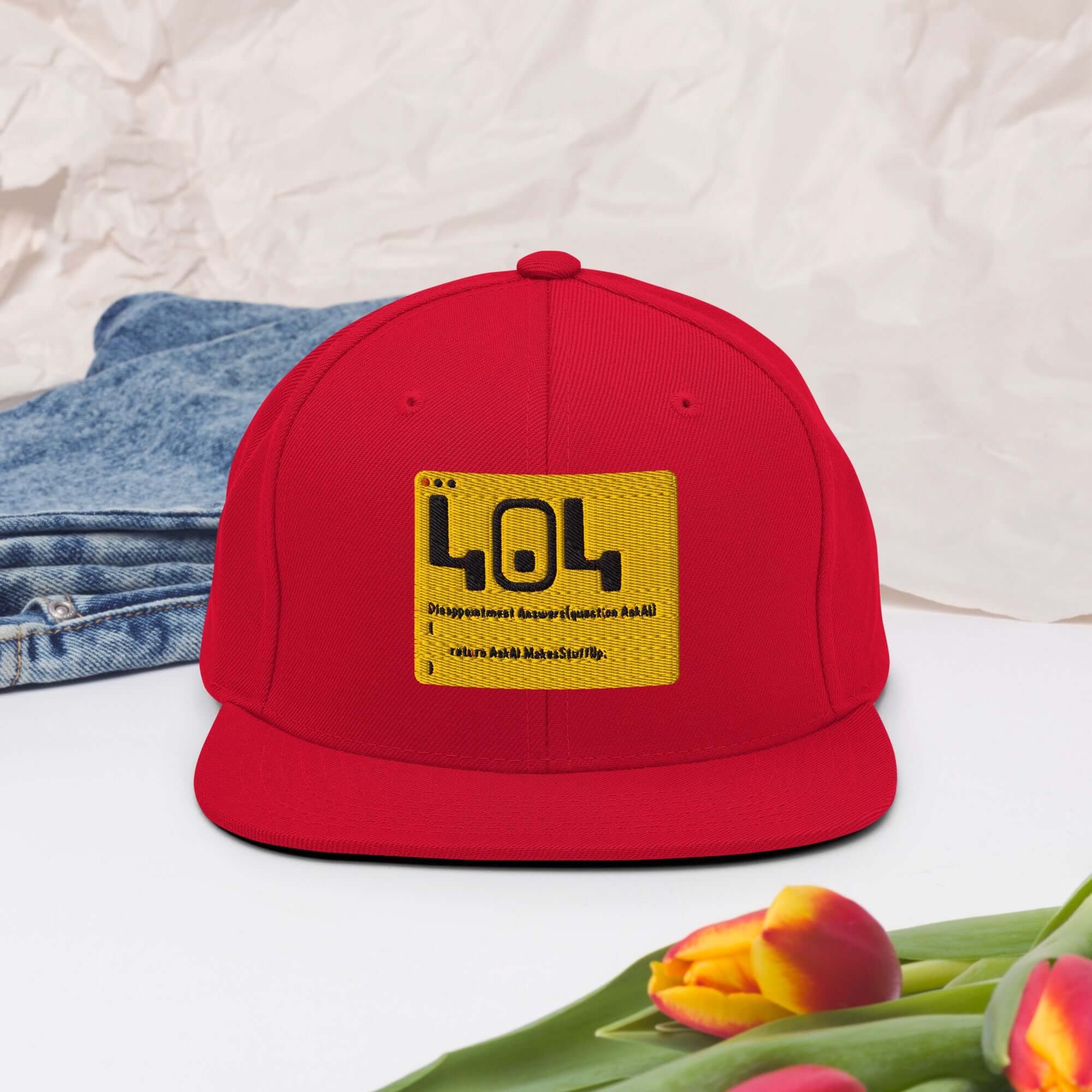 Red 404 Disappointment Hat with Error Code Snapback, perfect for developer humor and expressing life’s technical difficulties.