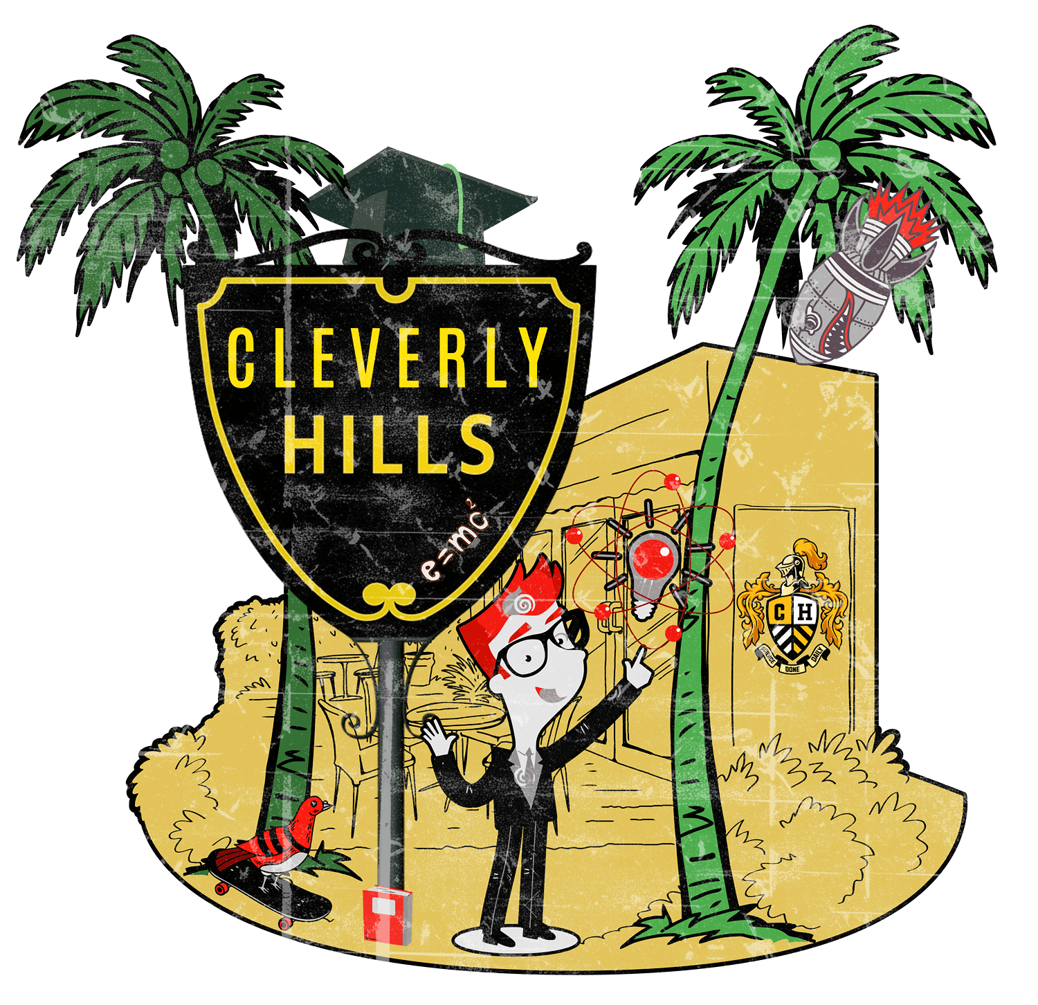 Cartoon character in graduation cap pointing at a sign reading "Cleverly Hills" with palm trees and a building in the background.
