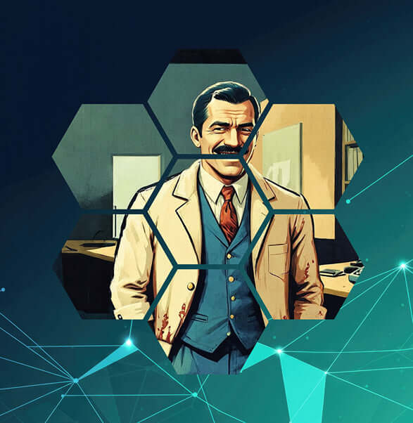 Illustration of a man in a suit within a hexagonal design, set against a digital network background