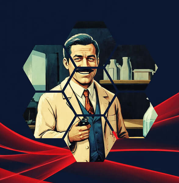 Illustration of a person in a lab setting, holding a vial, with geometric shapes and a red wave in the foreground.