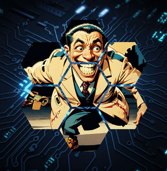 Illustration of a grinning man breaking through a hexagonal digital pattern, symbolizing disruptive innovation in technology