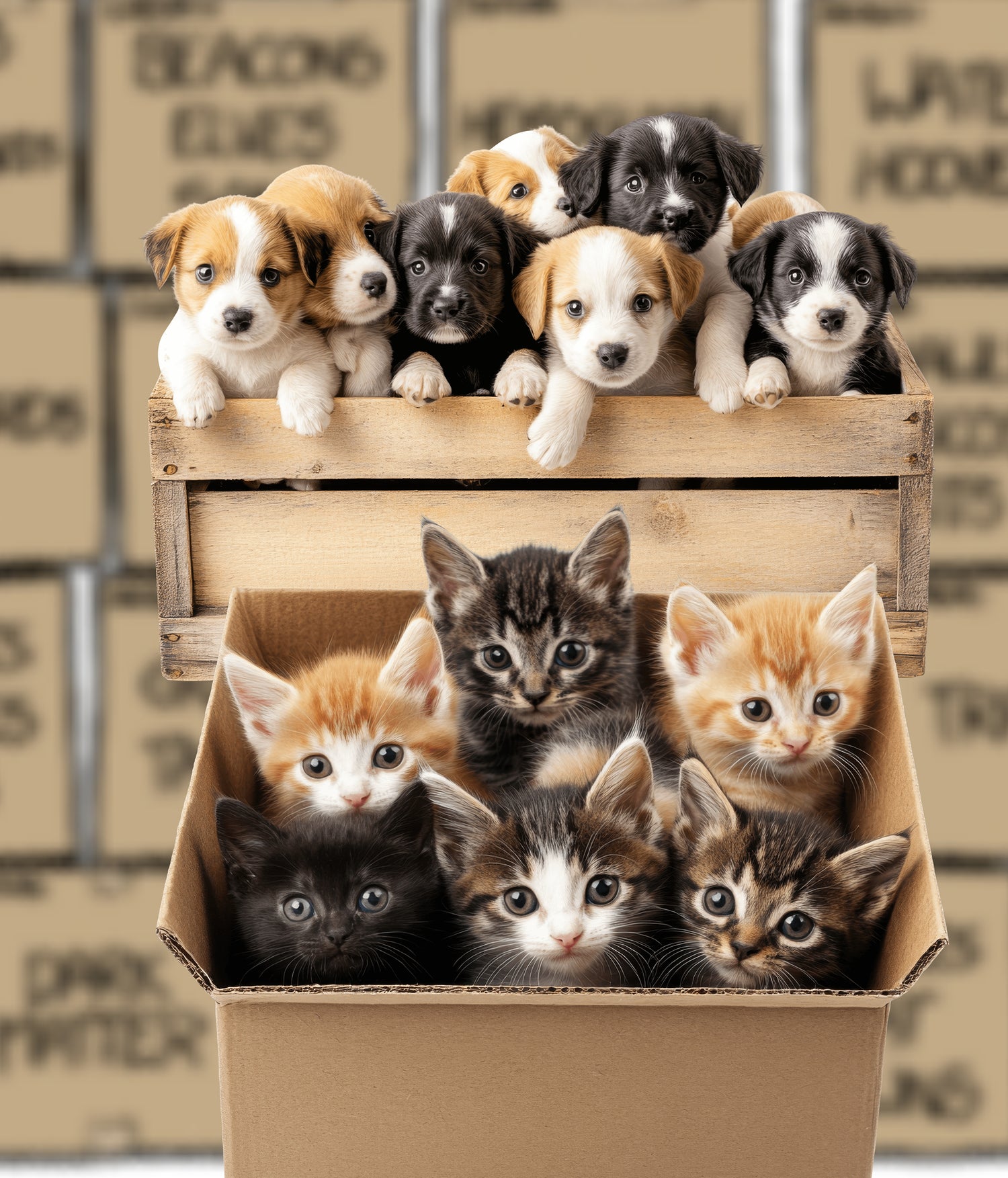 Adorable puppies in a wooden crate stacked above cute kittens in a cardboard box, all staring curiously with big, bright eyes.