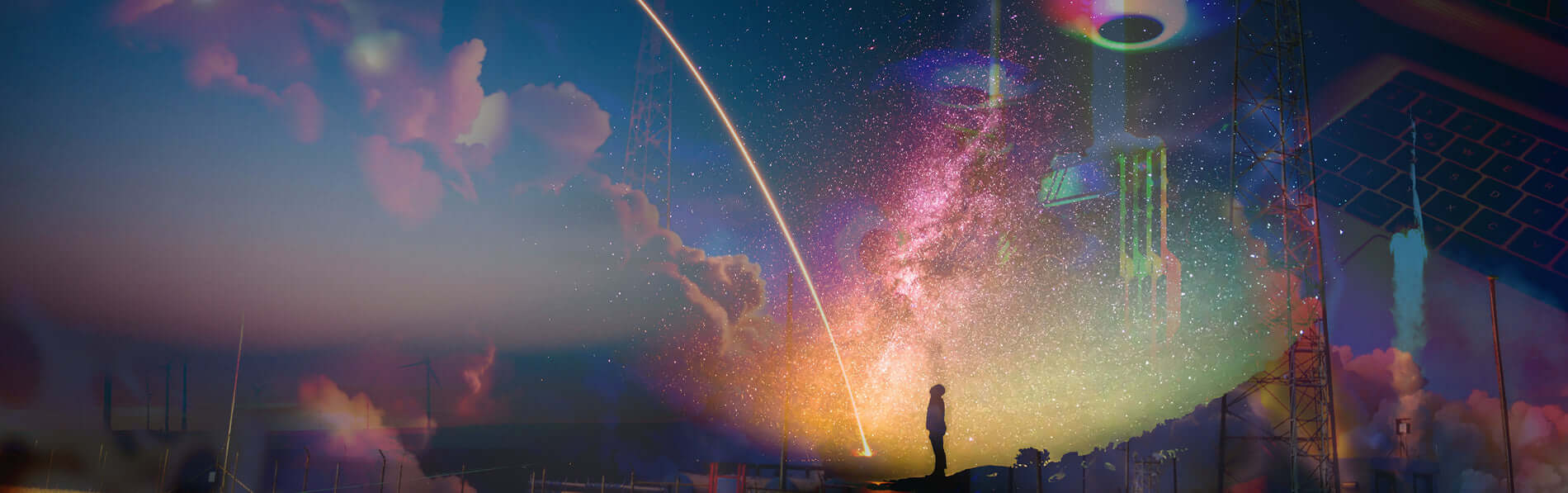 Silhouette of person gazing at vibrant, star-filled sky with futuristic elements and light trails.