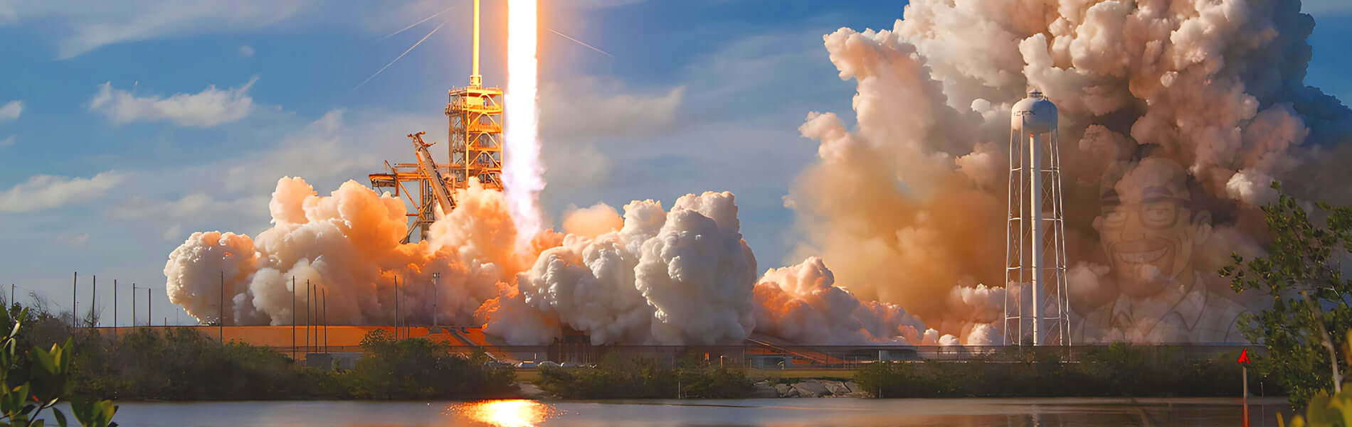 Space rocket launching with bright flames and smoke against a blue sky, surrounded by water and greenery.