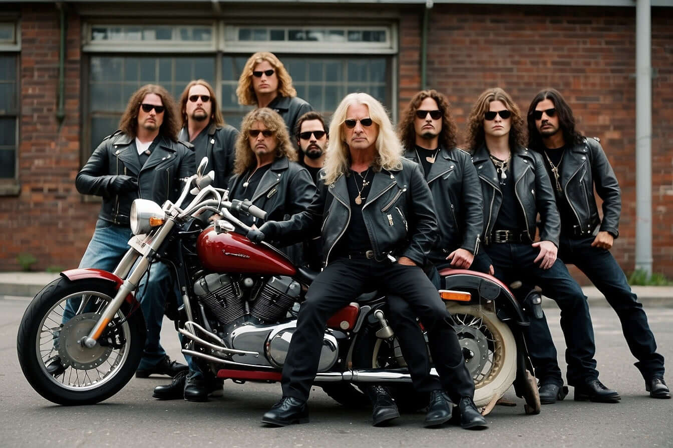 Group of people in leather jackets posing with a motorcycle, in front of a brick building.