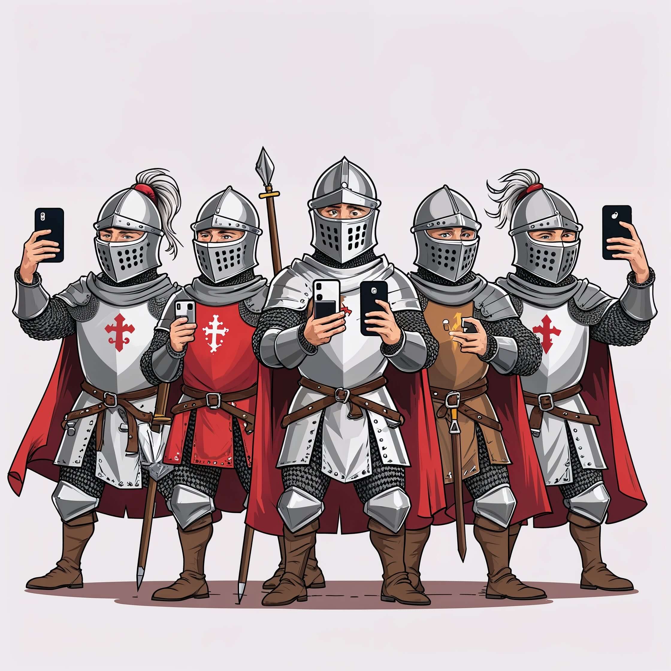 Cartoon knights in medieval armor taking selfies with smartphones, blending history with modern technology.