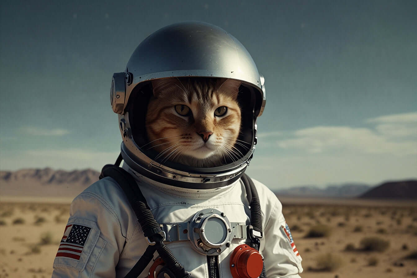 Cat wearing an astronaut suit in a desert landscape, exploring as an astronaut cat.
