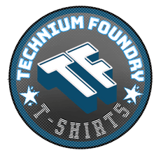 Technium Foundry logo with bold 3D-style initials 'TF' and text 'T-Shirts' framed by stars.
