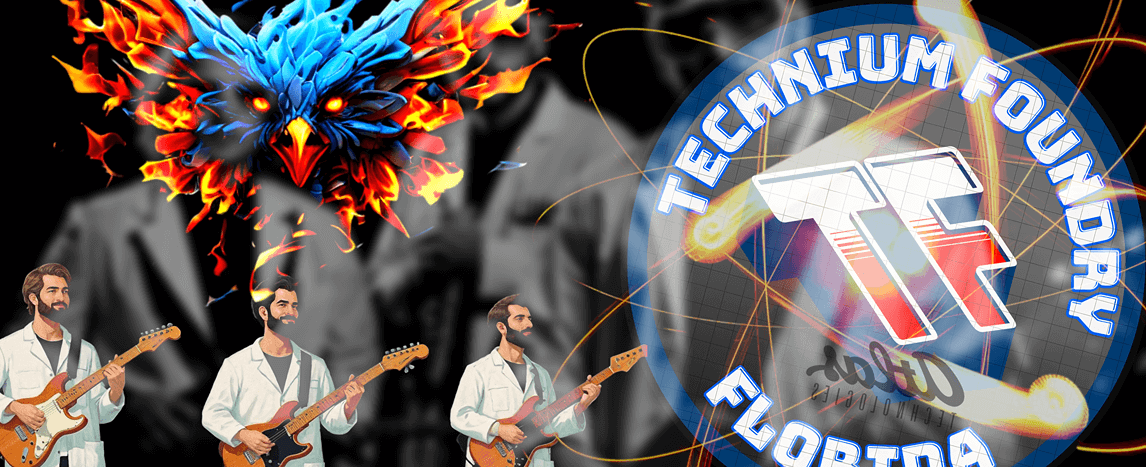 Technicium Foundry Florida logo with abstract phoenix and guitarist graphics, vibrant design elements.