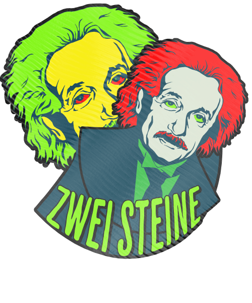 Illustration of two stylized figures with colorful hair and text 'Zwei Steine' in bold letters.