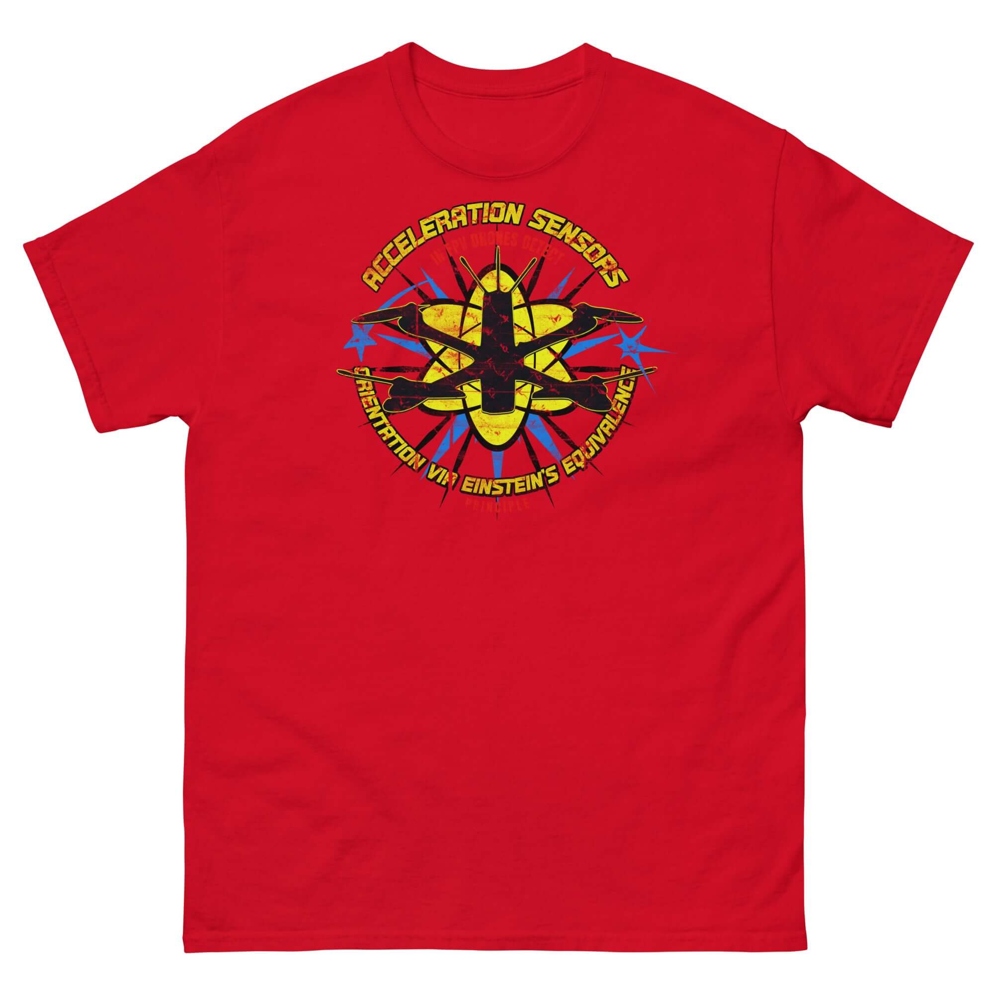 Red t-shirt featuring a stylized drone design with text: "Acceleration Sensors Detectation via Einstein's Equivalence."