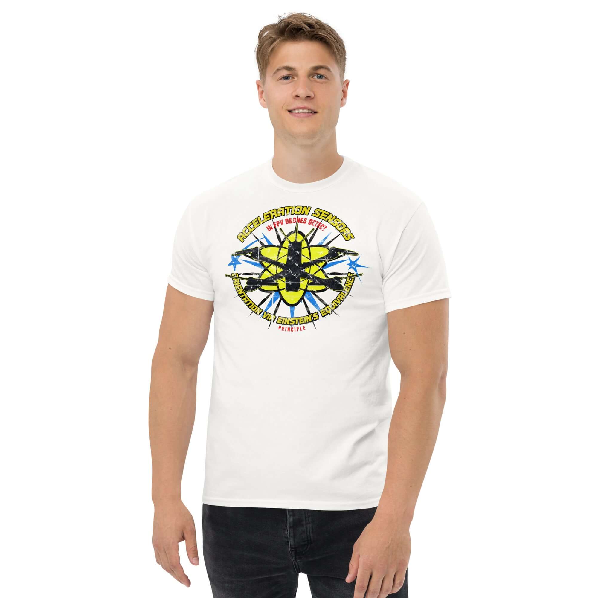 Man wearing FPV drone t-shirt featuring acceleration sensors and Einstein's equivalence principle design, perfect for flying enthusiasts.