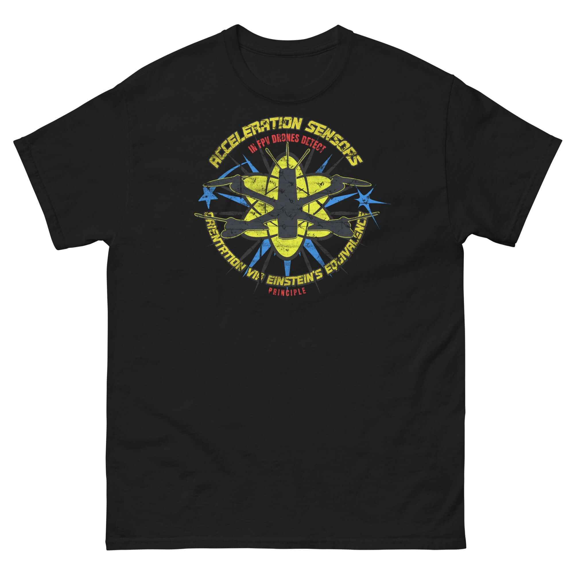FPV Drone Acceleration Sensors T-Shirt with Einstein's Equivalence Principle design, ideal for physics and drone enthusiasts.