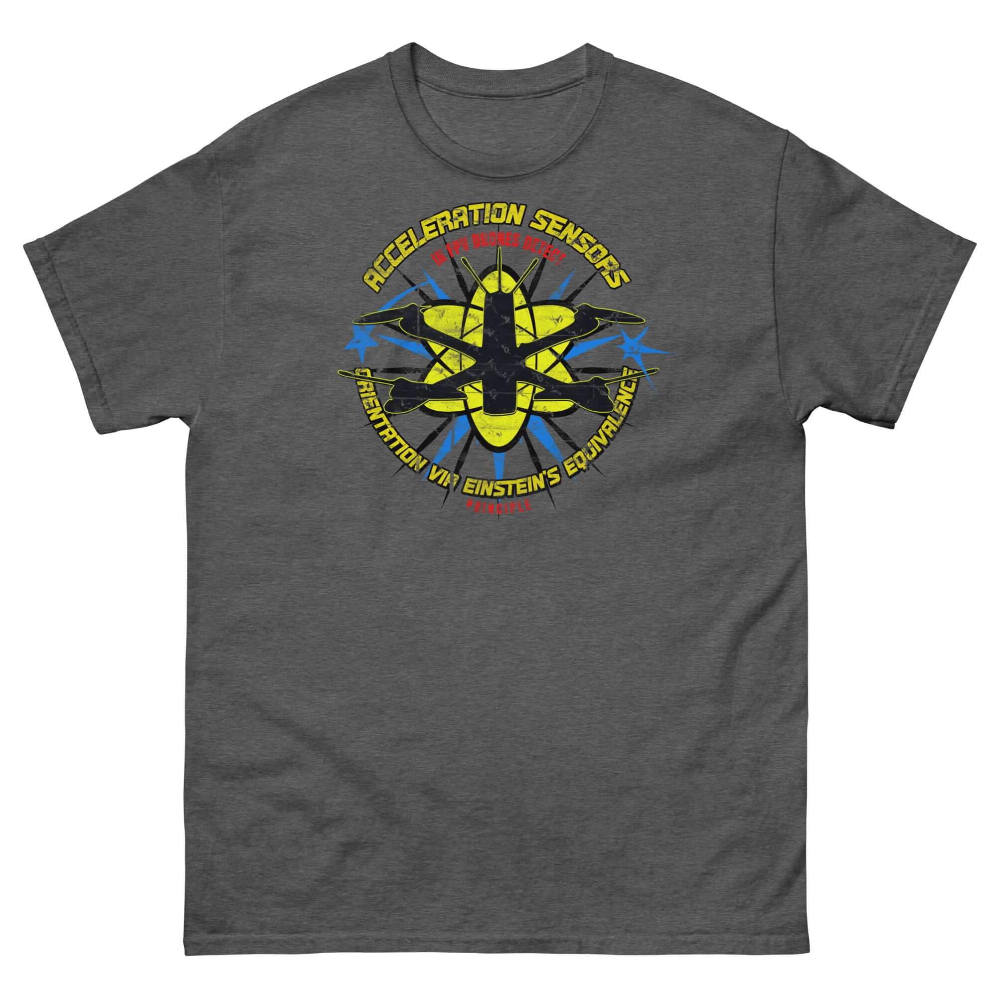Dark grey t-shirt featuring a drone silhouette and graphic design with text about acceleration sensors and Einstein's equivalence principle.