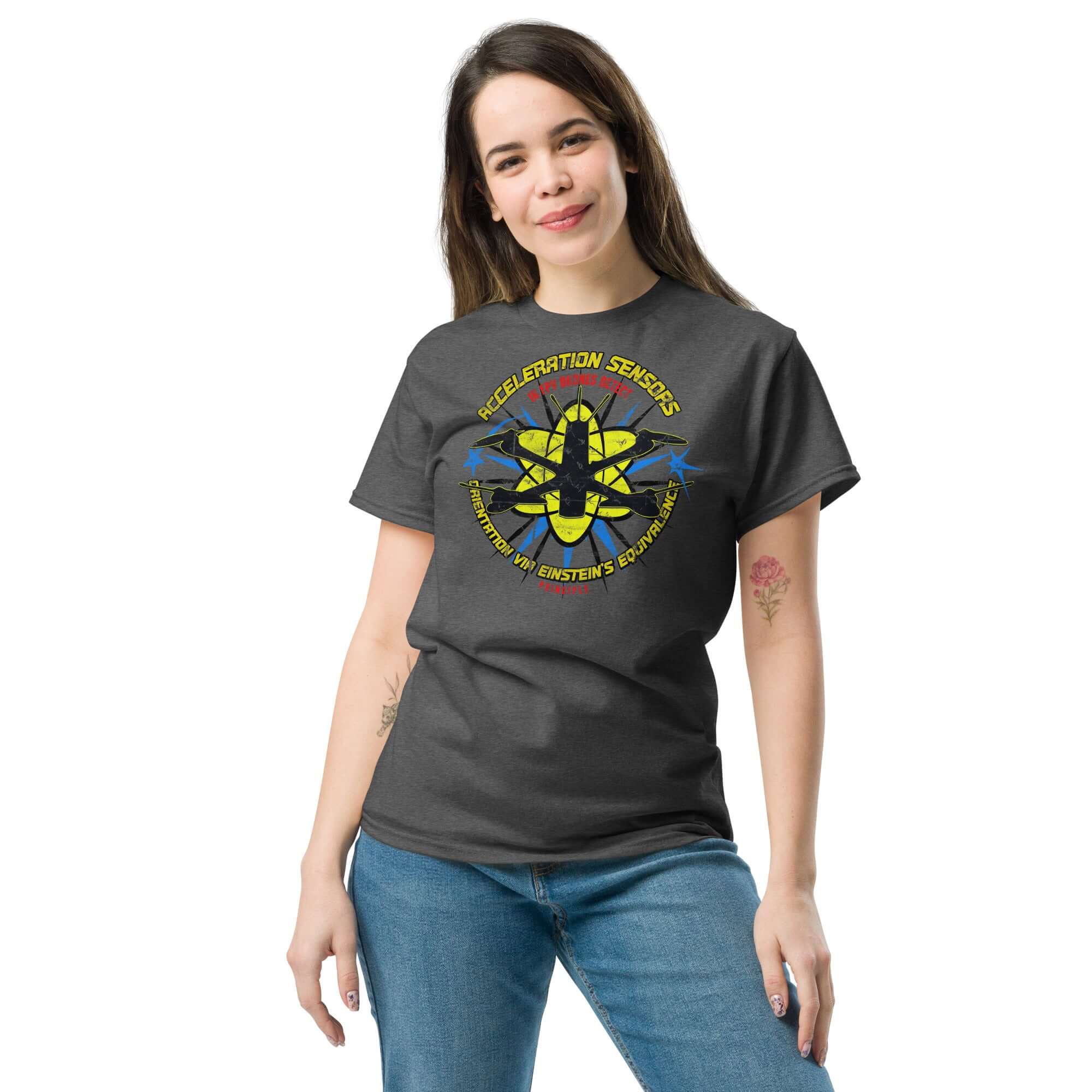 Woman wearing FPV drone t-shirt with Einstein's Equivalence Principle design, merges physics and drone piloting in style.