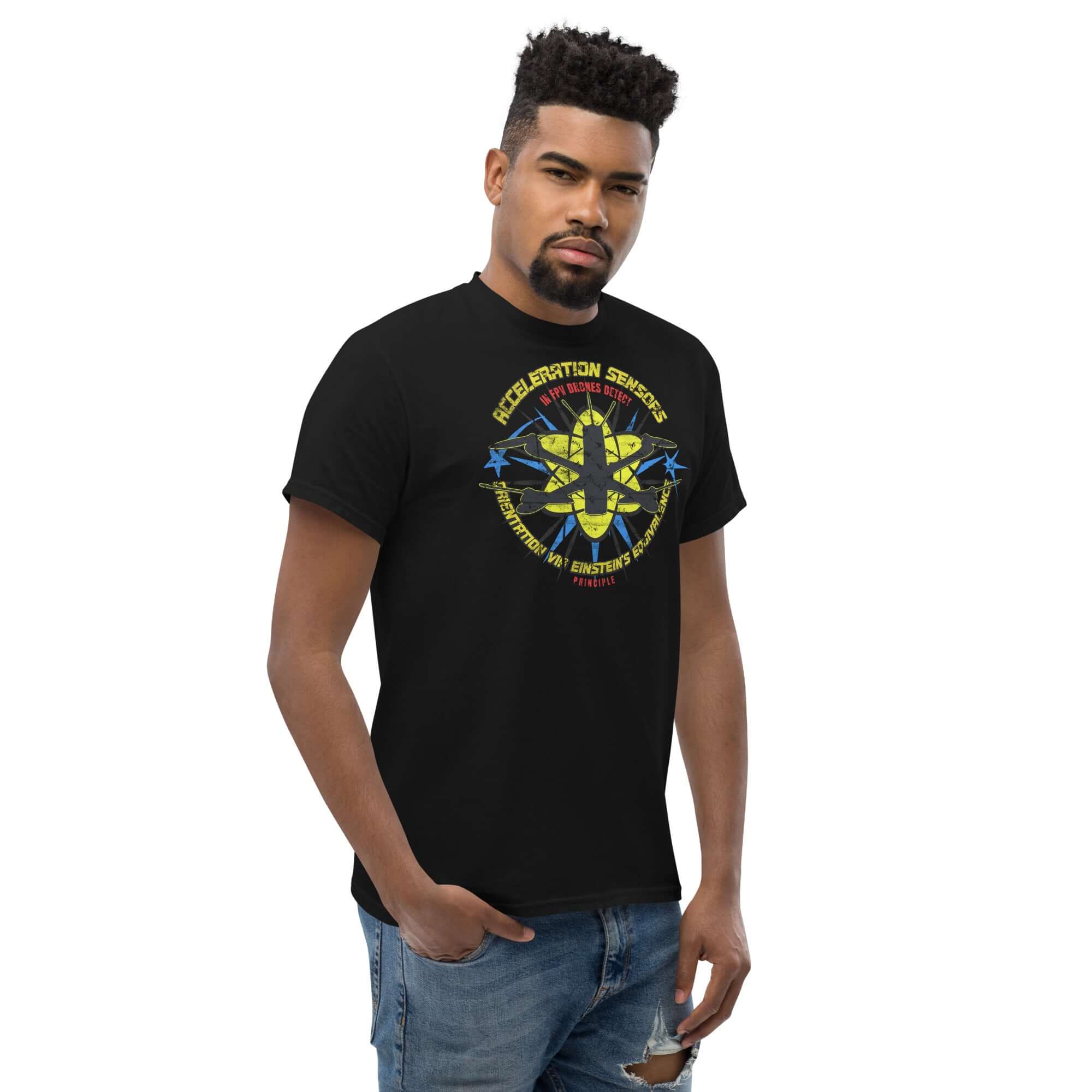 Man wearing Acceleration Sensors FPV Drones T-shirt with science-themed design