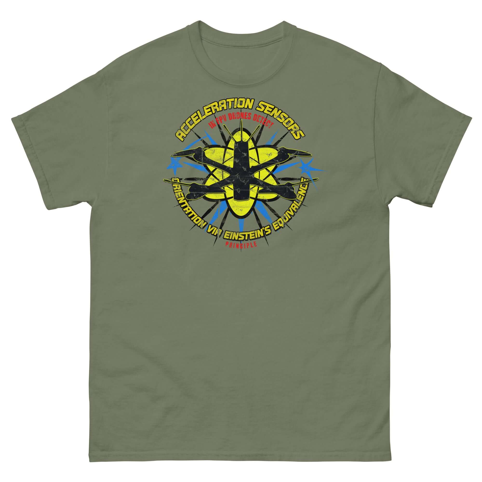 Green FPV Drone T-Shirt featuring Einstein's Equivalence Principle with stylized drone and physics design