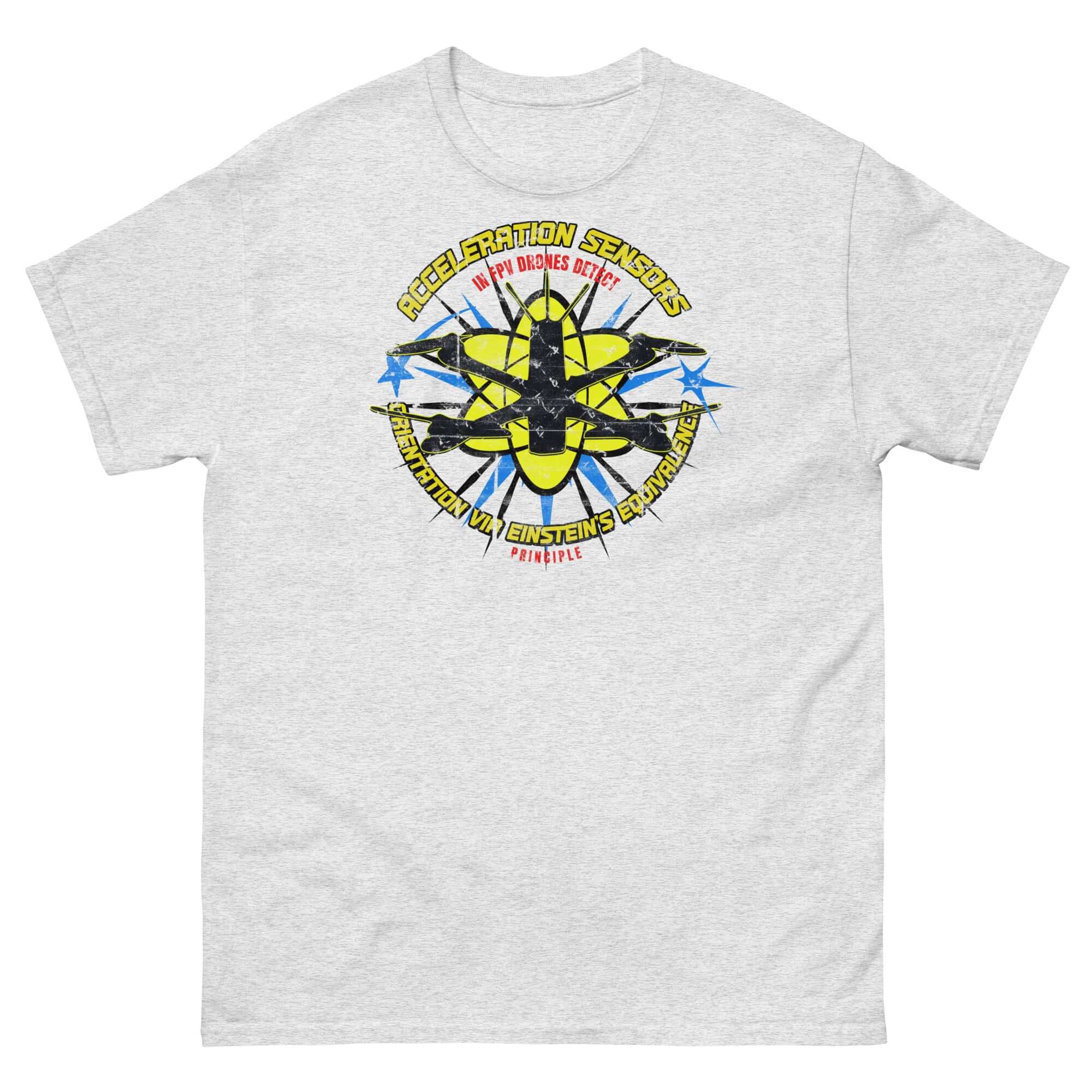 FPV drone t-shirt with acceleration sensors design, featuring Einstein's Equivalence Principle, ideal for physics-loving pilots.