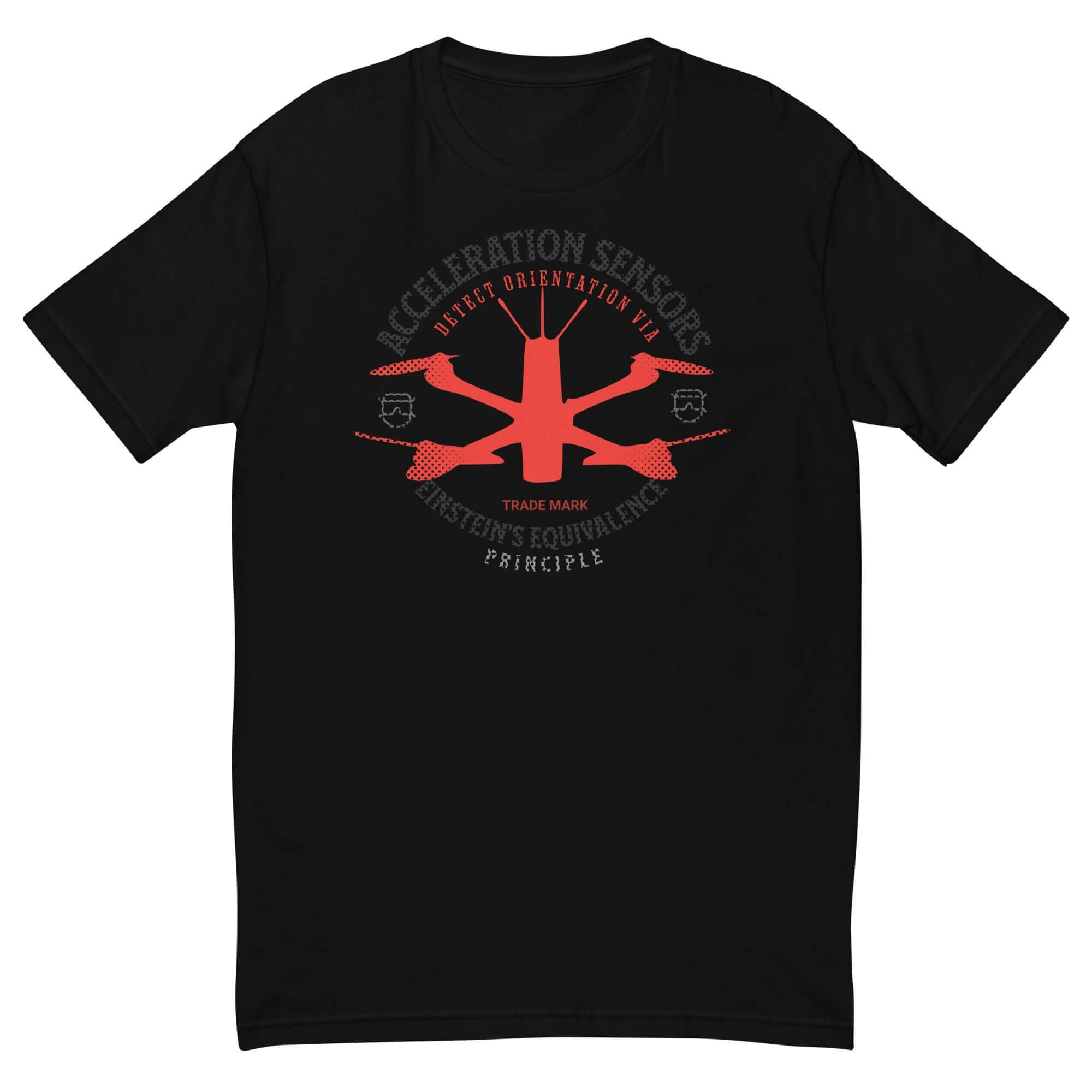 Black t-shirt featuring Acceleration Sensors with Einstein's Equivalence Principle design, highlighting physics and orientation detection.