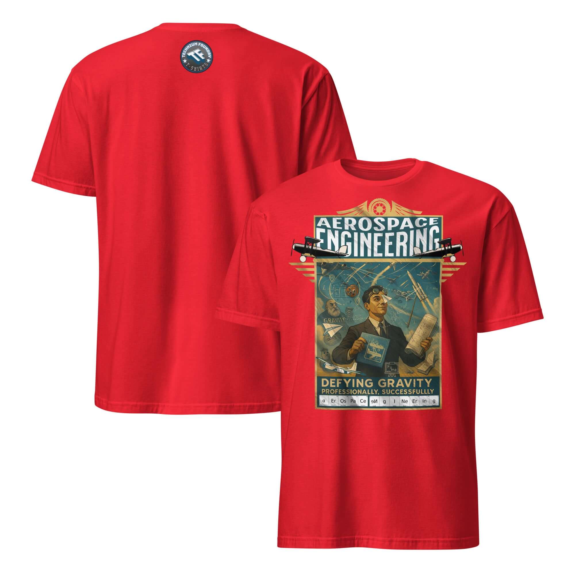 Red t-shirt displaying 'Aerospace Engineering: Defying Gravity Professionally, Successfully' with vintage aviation design.