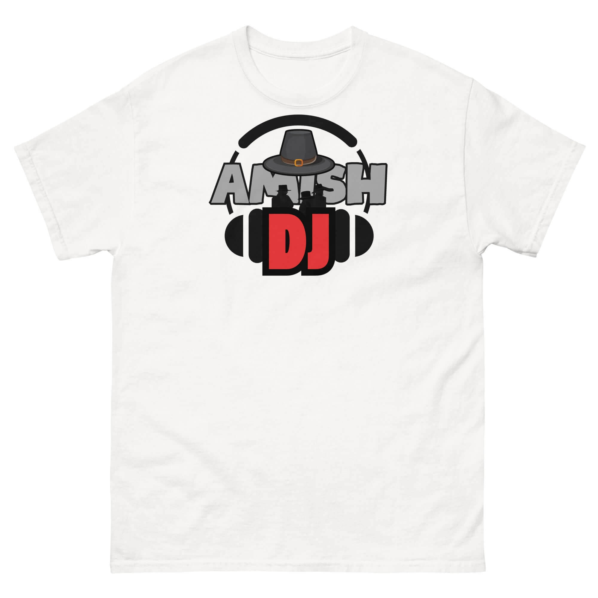 White t-shirt featuring 'Amish DJ' design with a playful mix of traditional Amish hat and DJ headphones graphic.