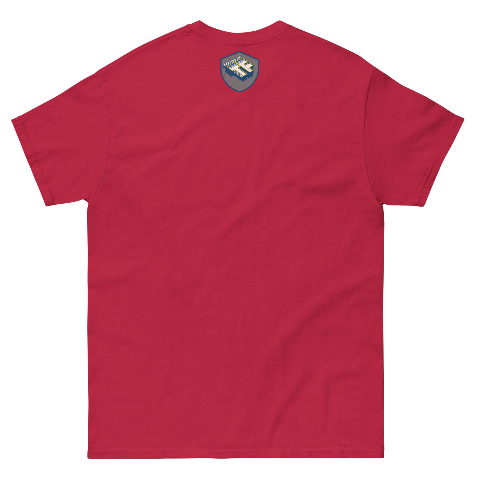 Red Amish DJ Tee with a humorous graphic, merging traditional Amish themes with modern DJ elements, back view.