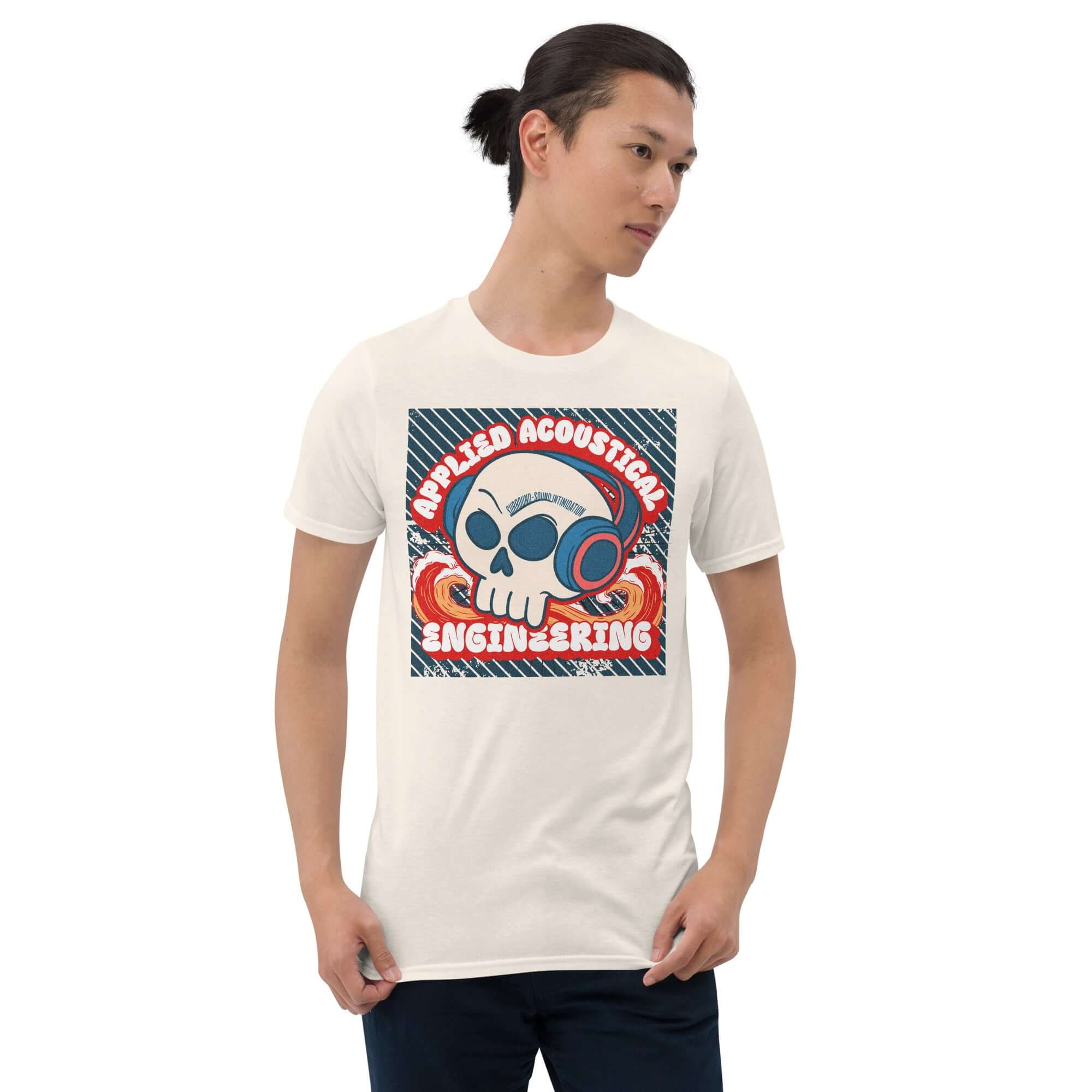 Man wearing Applied Acoustical Engineering t-shirt with sound wave skull design