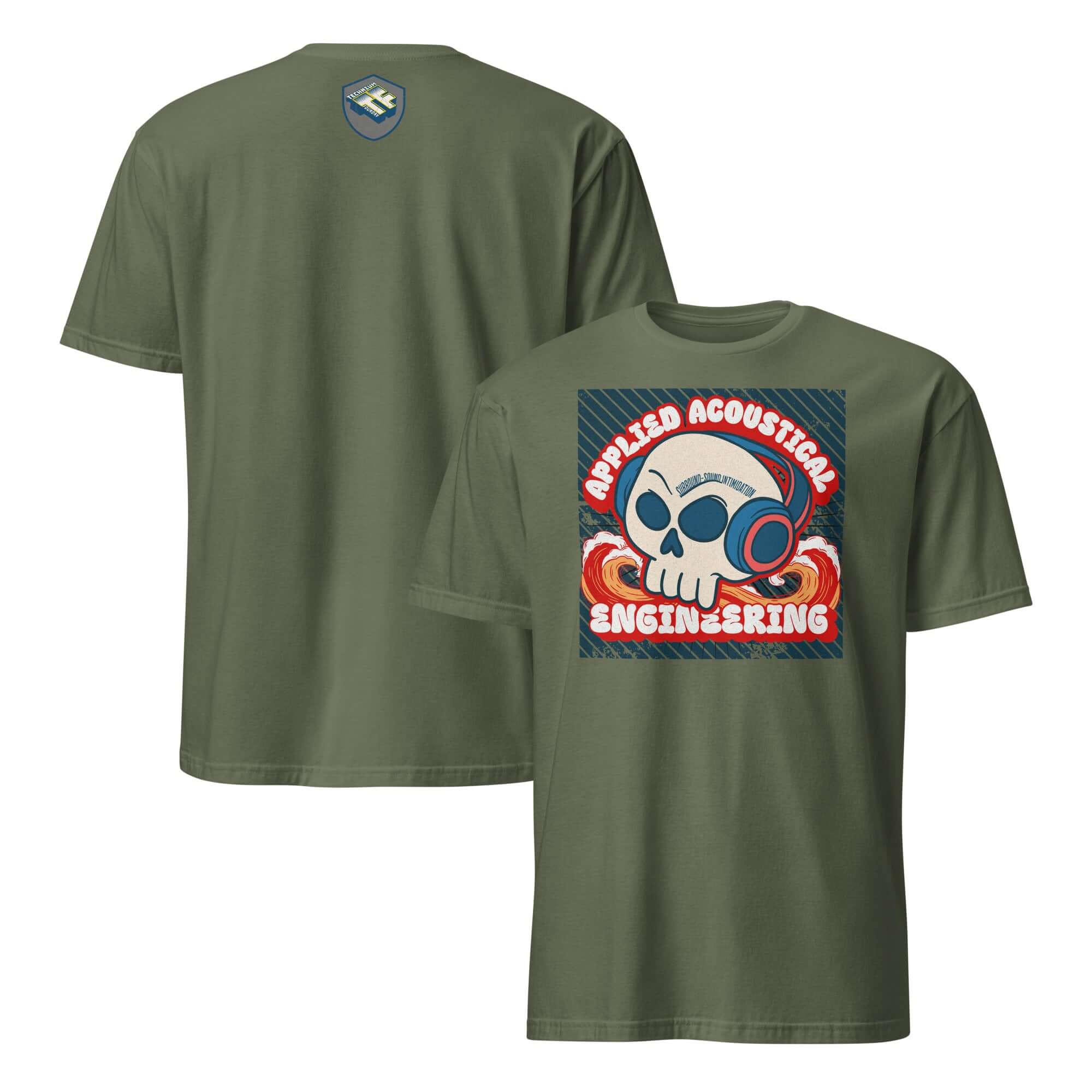 Green t-shirt featuring a sound wave skull design with headphones, text 'Applied Acoustical Engineering', highlighting frequency response.