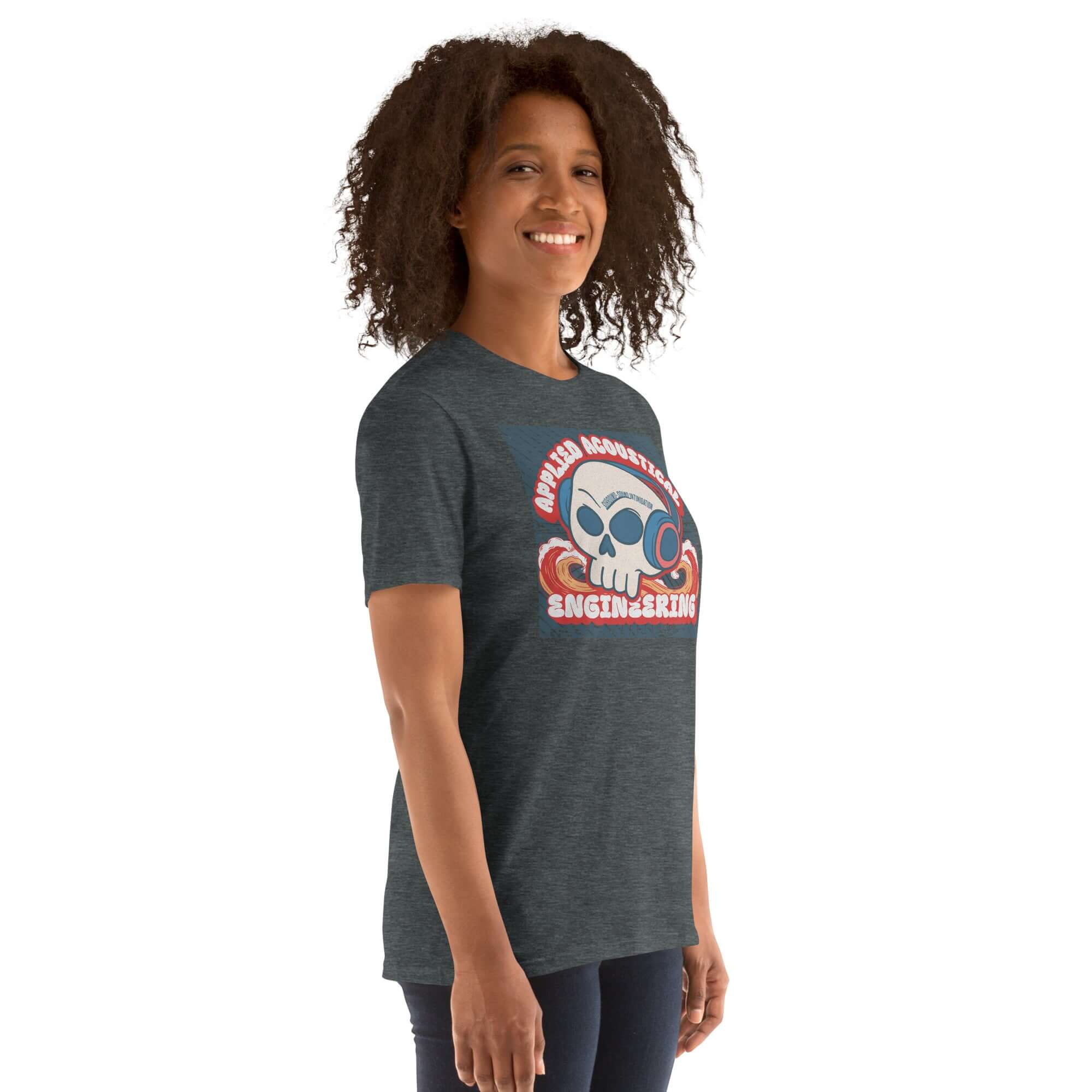 Woman wearing Applied Acoustical Engineering T-Shirt with sound wave skull design, showcasing style and sound science.