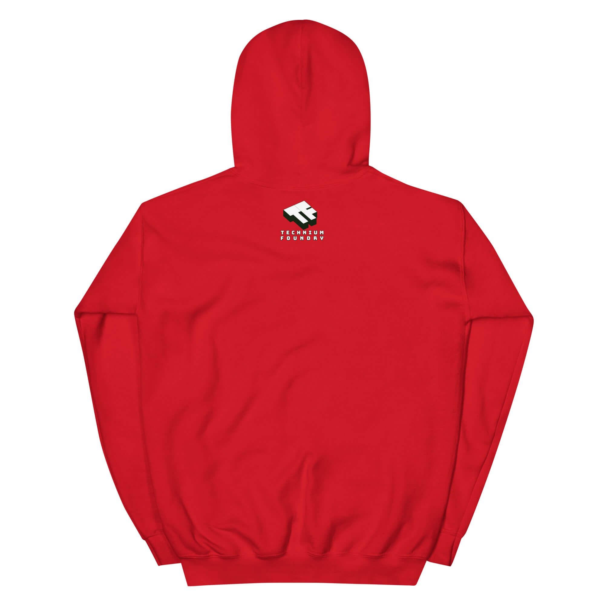 Red hoodie with Technium Foundry logo on the back, featuring a space-inspired design.