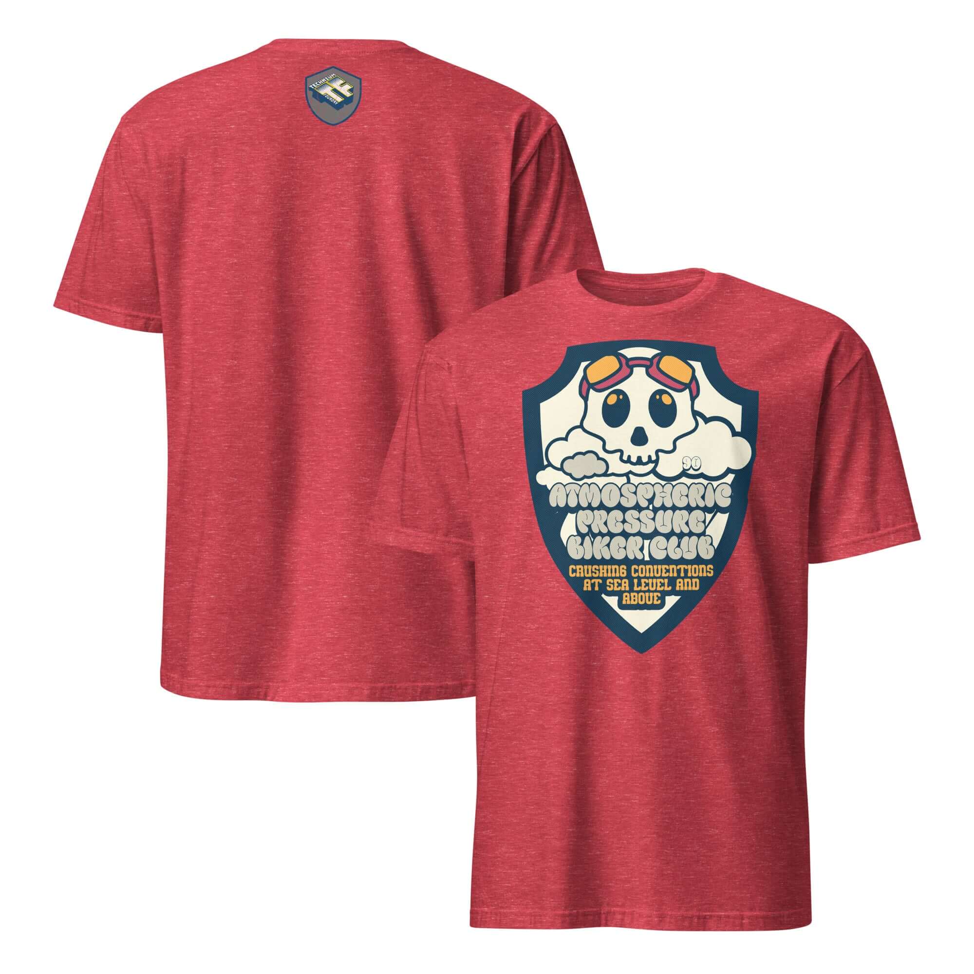 Red t-shirt featuring Atmospheric Pressure Biker Club skull with aviator goggles and clouds design on the back.