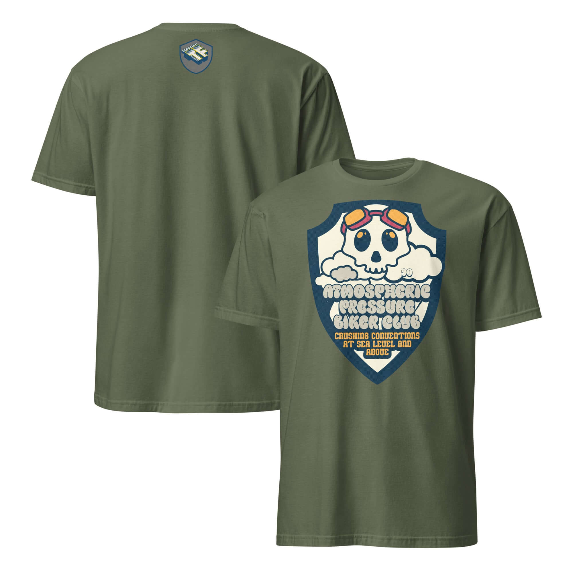 Atmospheric Pressure Biker Club T-Shirt with cute skull in aviator goggles and clouds design on olive green fabric.