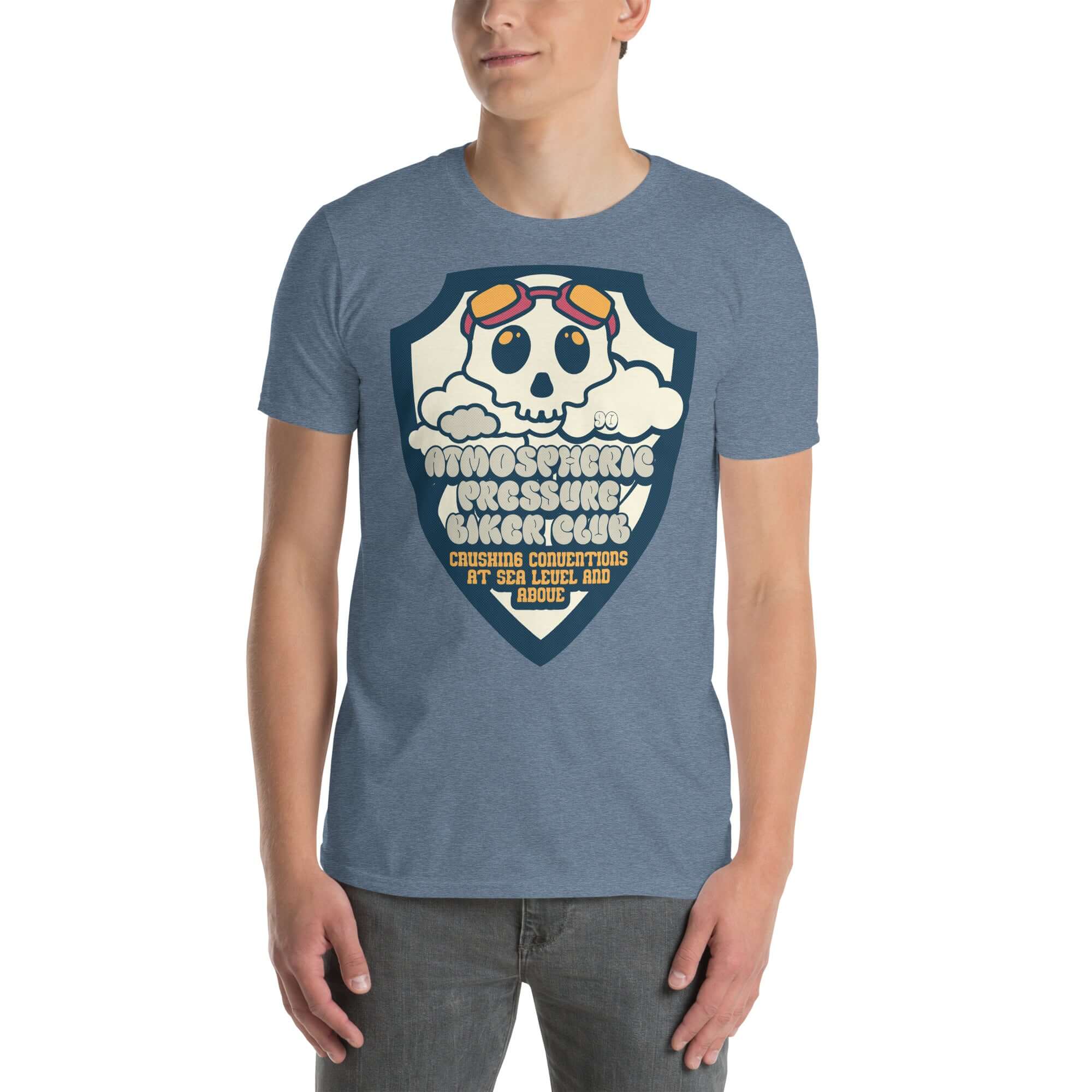 Atmospheric Pressure Biker Club T-Shirt featuring a skull with aviator goggles and clouds, ideal for meteorology and motorcycle enthusiasts.