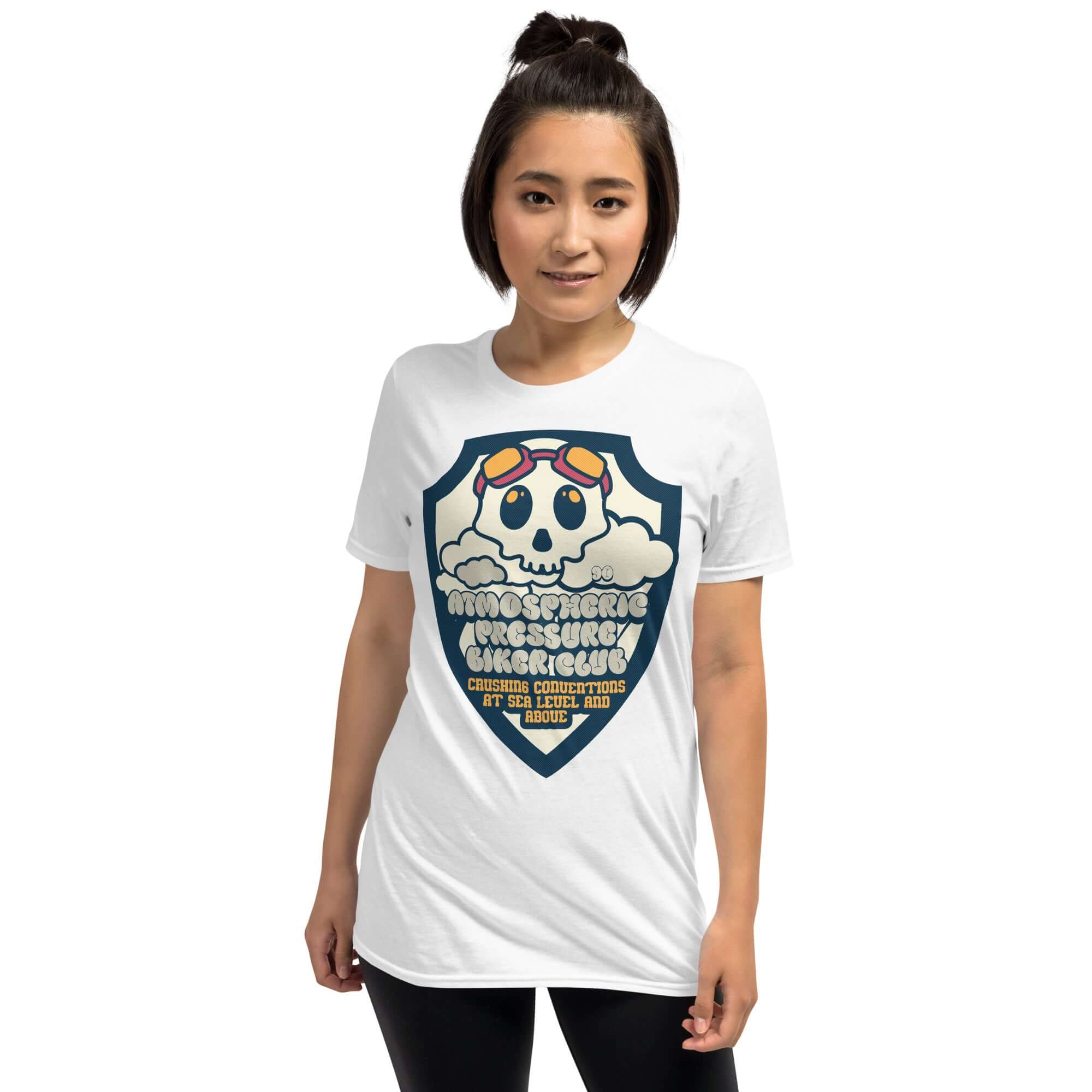 Atmospheric Pressure Biker Club T-Shirt featuring skull with aviator goggles and clouds on a stylish shirt.