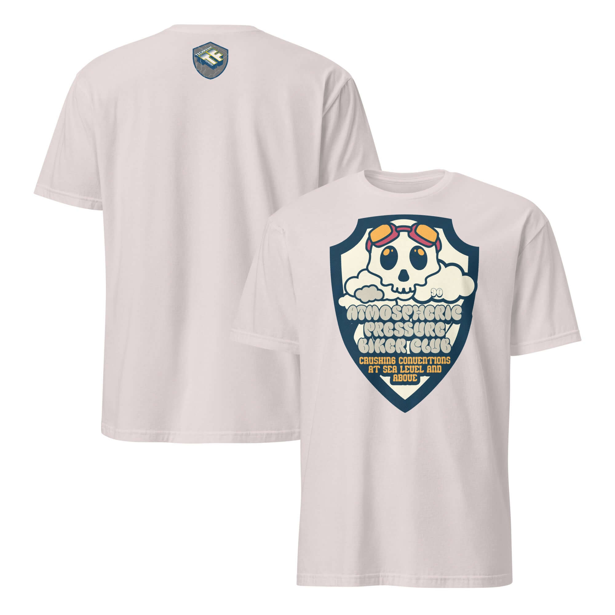 Atmospheric Pressure Biker Club T-shirt with skull design and cumulus clouds, perfect for motorcycle enthusiasts.