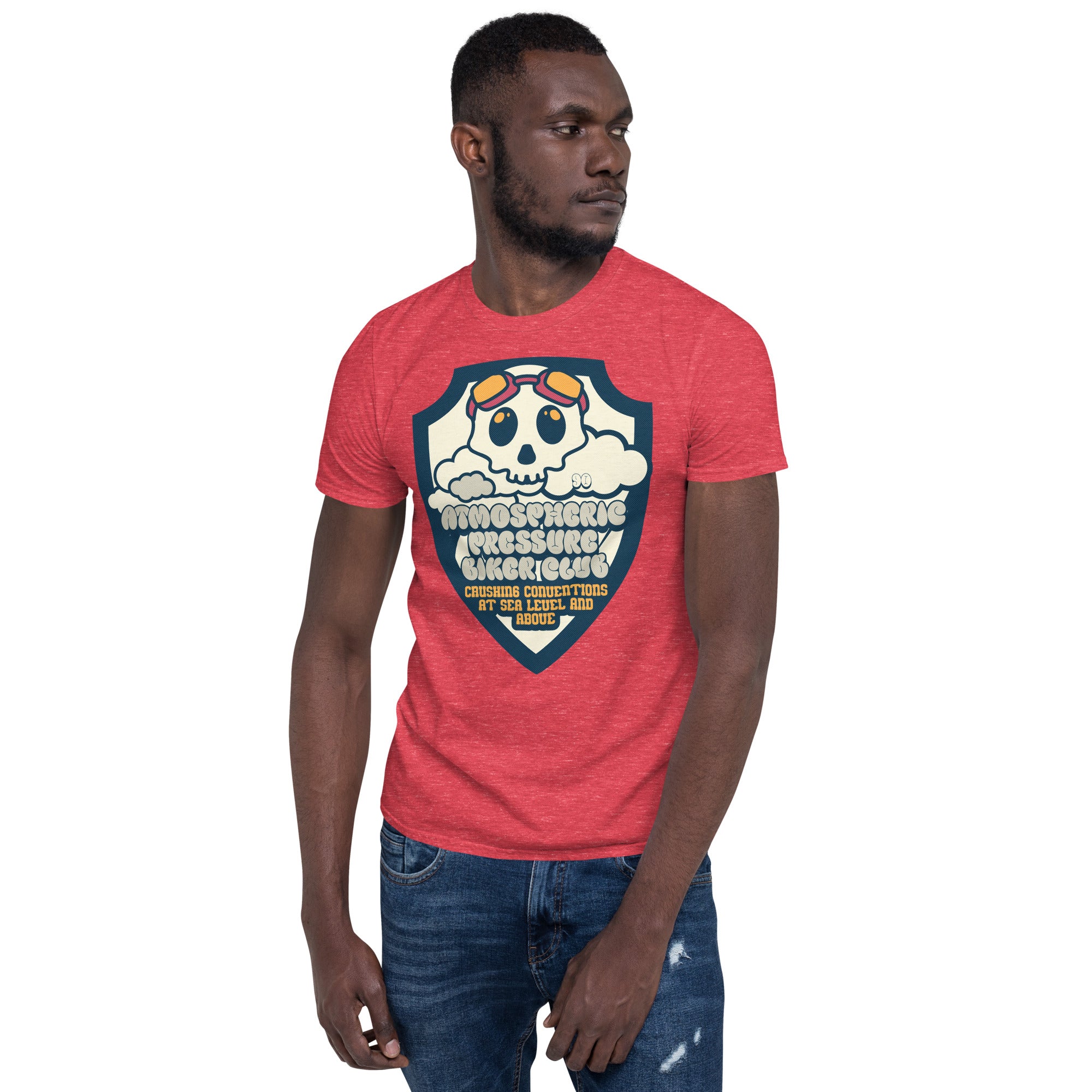 Man wearing Atmospheric Pressure Biker Club t-shirt featuring skull with goggles and clouds, red color, casual style