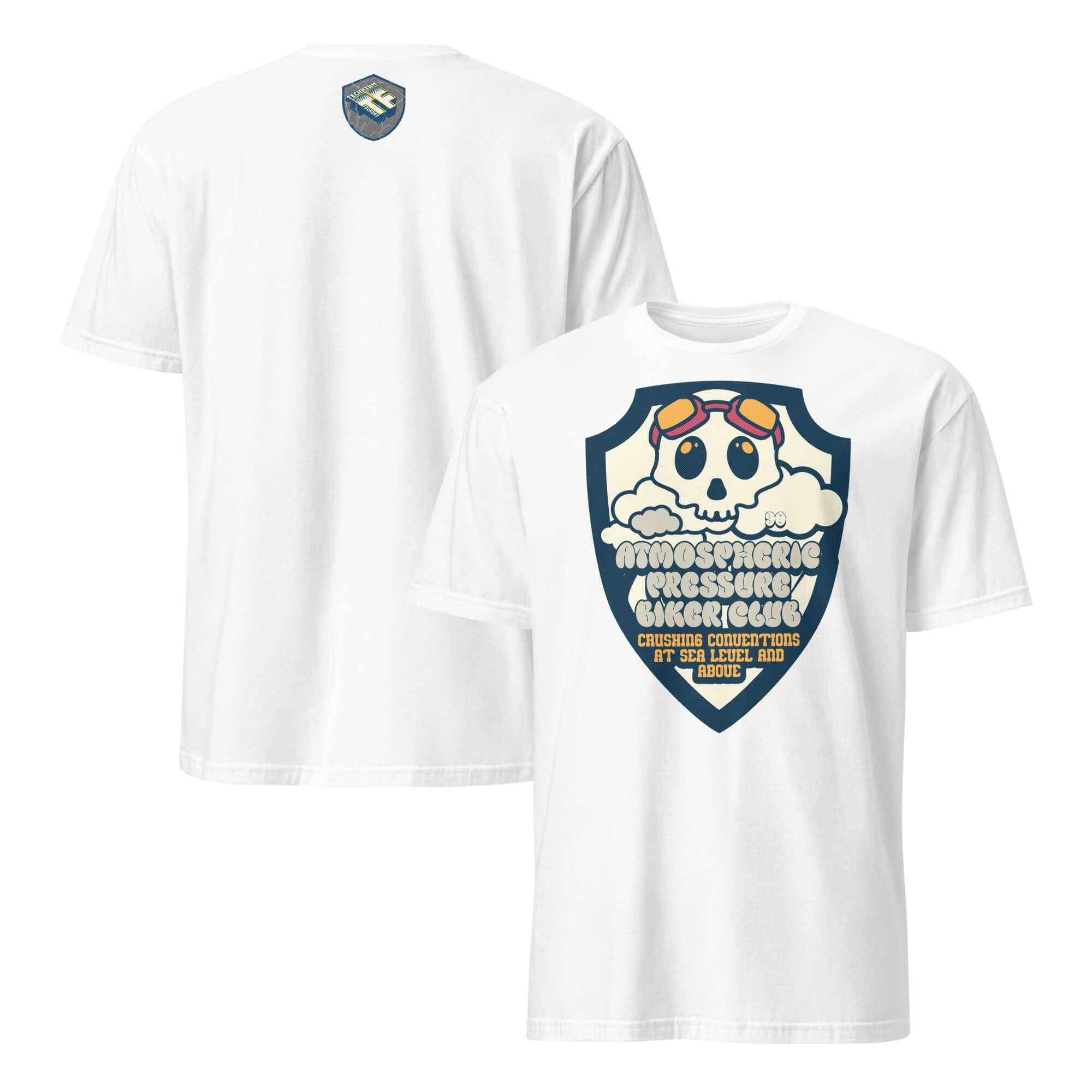 White t-shirt with Atmospheric Pressure Biker Club design featuring a cute skull, aviator goggles, and cumulus clouds.
