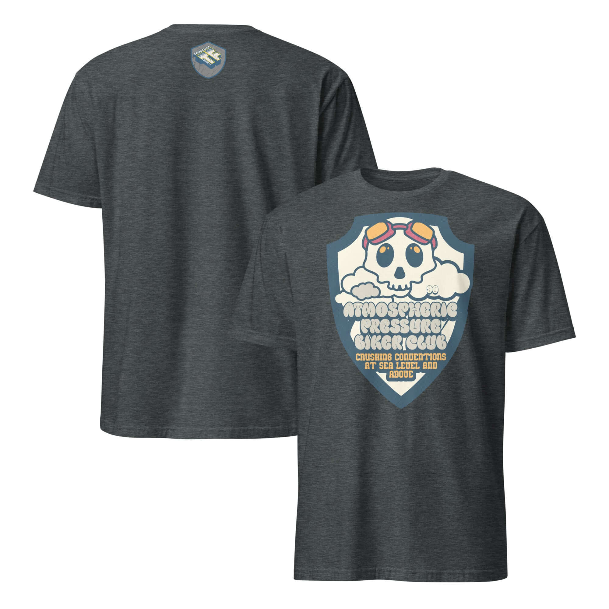 Atmospheric Pressure Biker Club T-shirt with skull design, aviator goggles, and cumulus clouds, meteorological motorcycle apparel.
