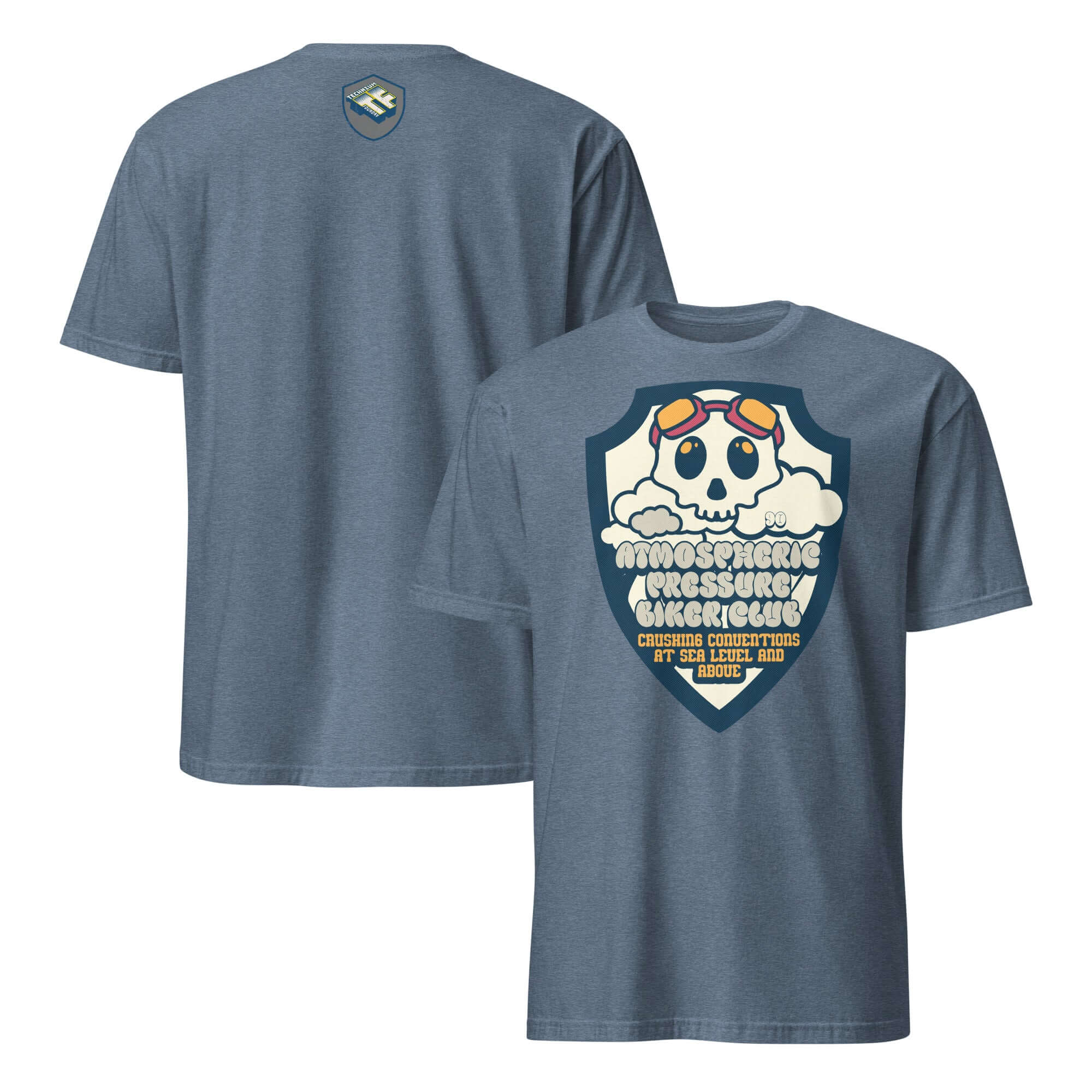 Atmospheric Pressure Biker Club T-Shirt with skull in aviator goggles, cumulus clouds; meteorological motorcycle apparel