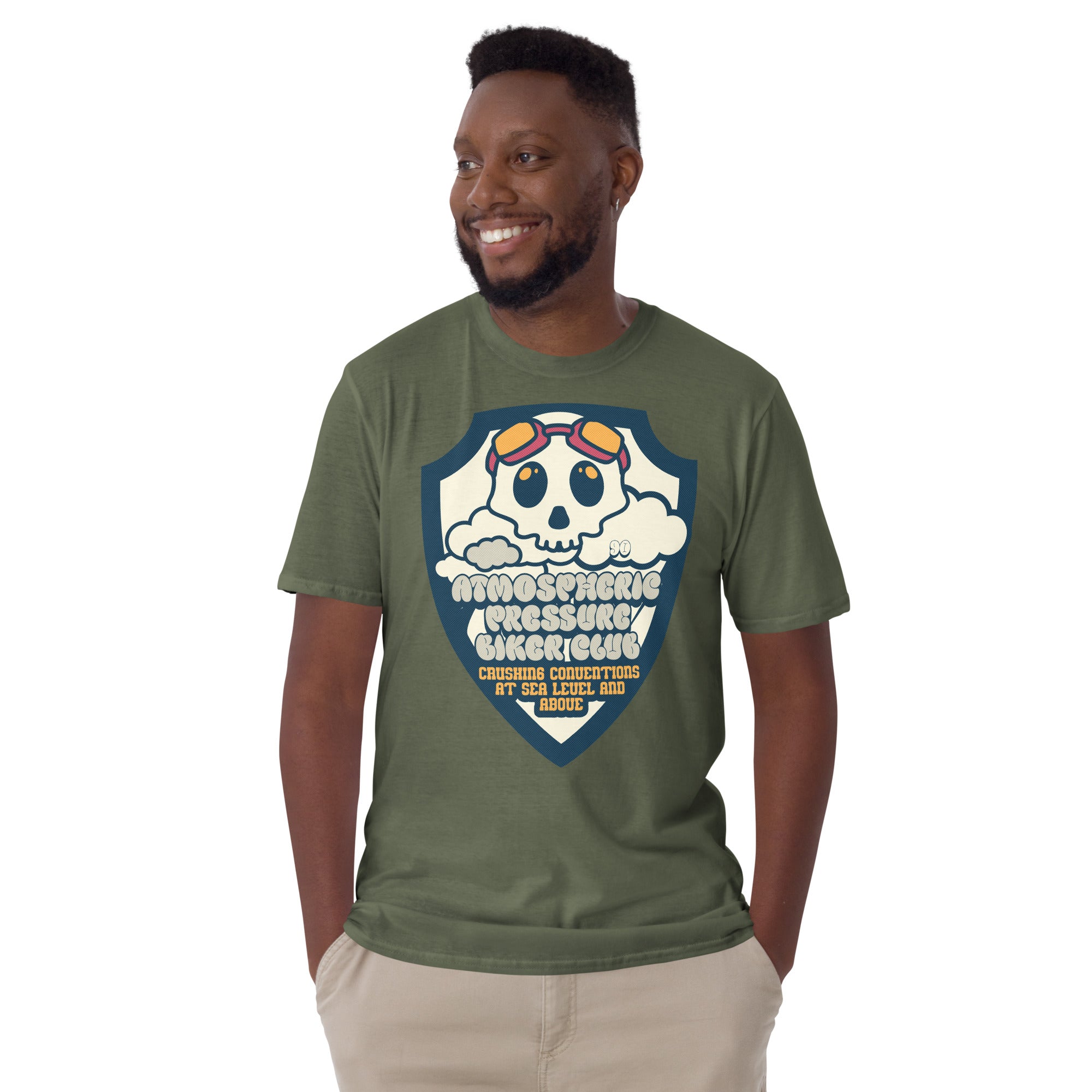 Man wearing Atmospheric Pressure Biker Club T-shirt with skull and clouds design, meteorological motorcycle apparel.