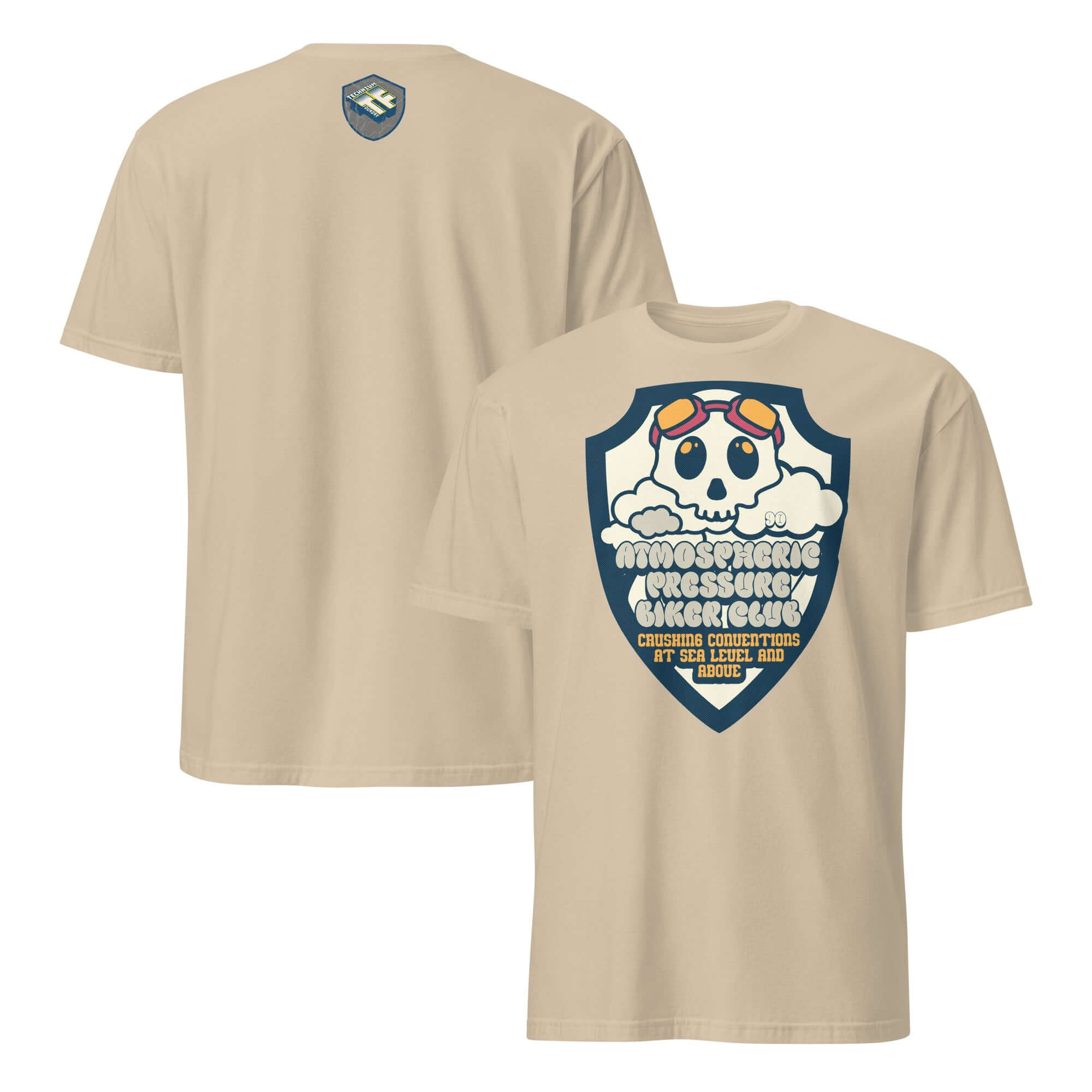 Atmospheric Pressure Biker Club T-Shirt featuring a skull with aviator goggles and cumulus clouds design.