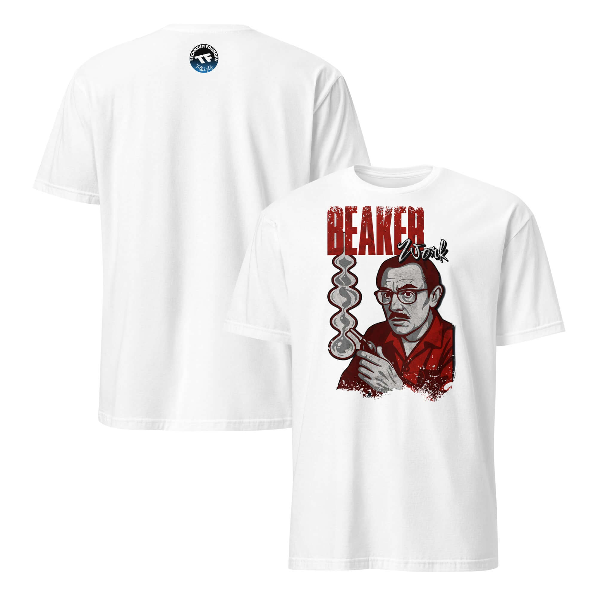 White Beaker Work T-Shirt with chemistry humor design featuring scientist character and spiral flask.