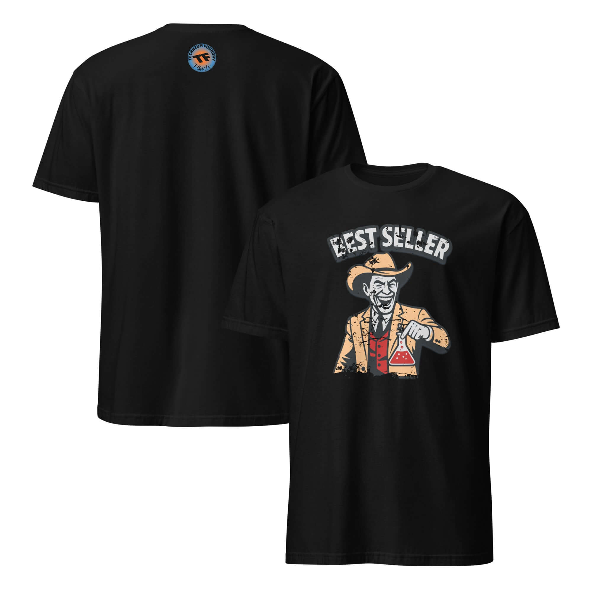 Short-sleeve black unisex T-shirt with 'Bestseller' graphic, featuring a humorous chemistry theme for the pharmaceutical industry.