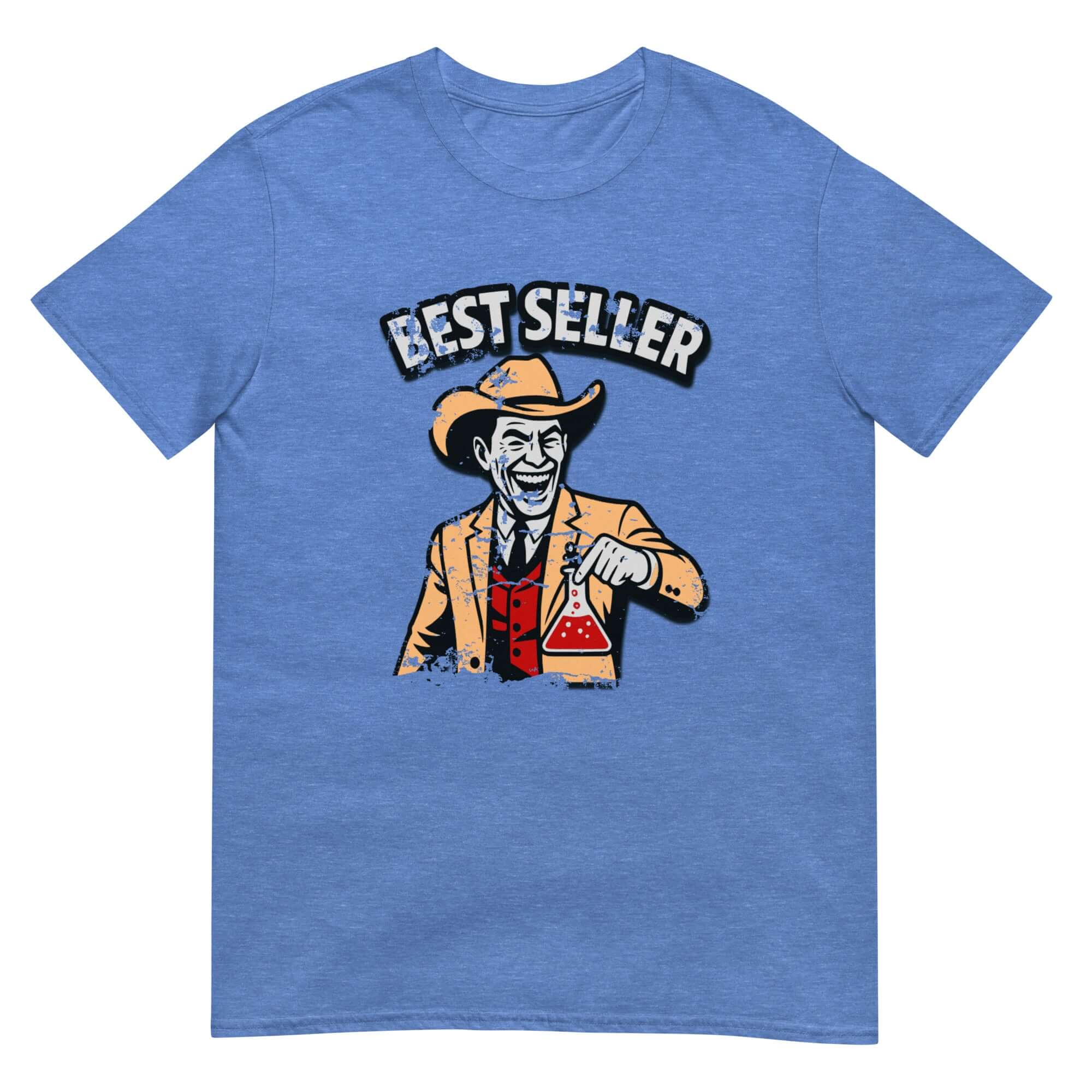 Blue unisex t-shirt featuring "Bestseller" printed above a graphic of a man with a cowboy hat holding a chemistry flask.