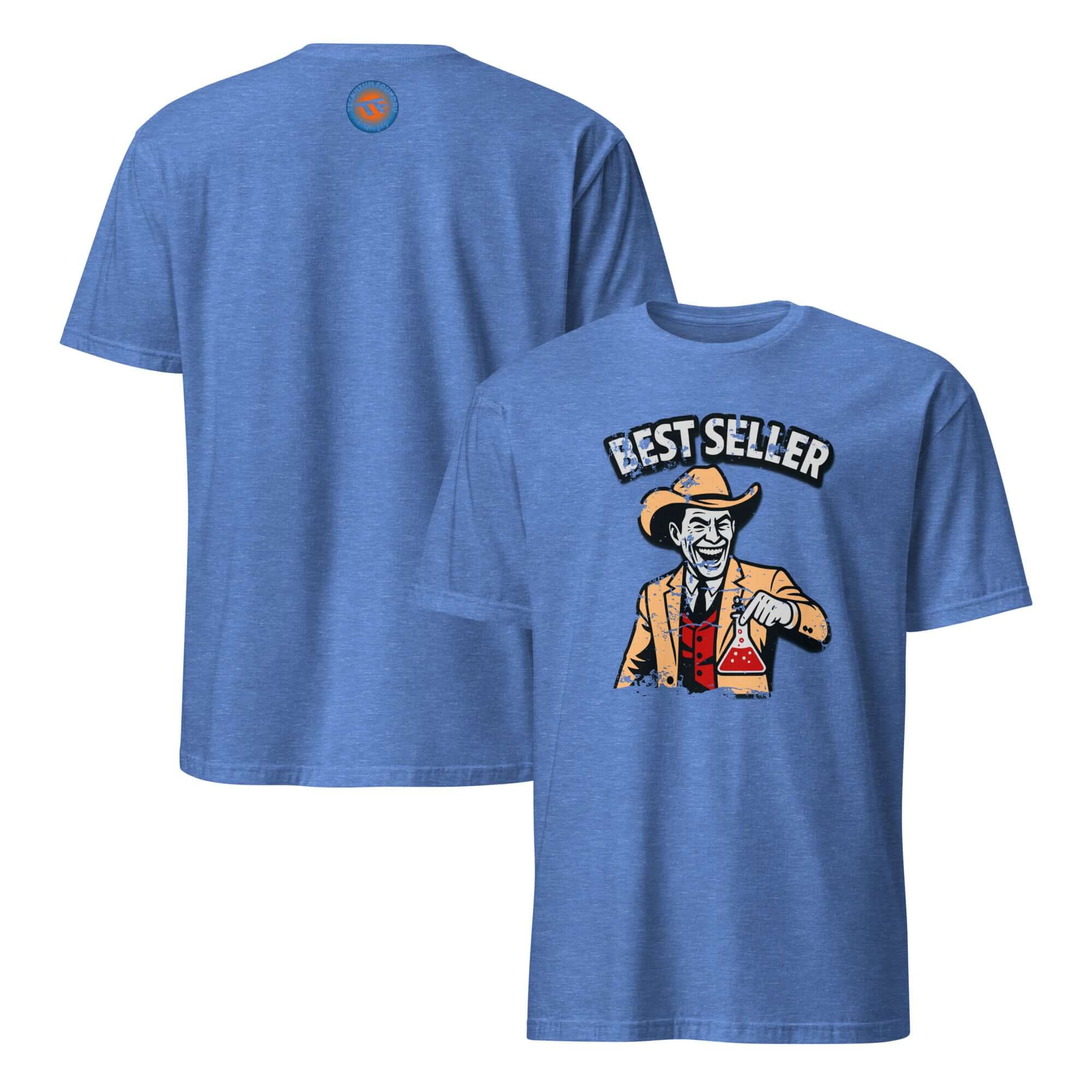 Blue short-sleeve unisex t-shirt with chemistry humor graphic, featuring a cowboy and 'Bestseller' text for pharmaceutical enthusiasts.